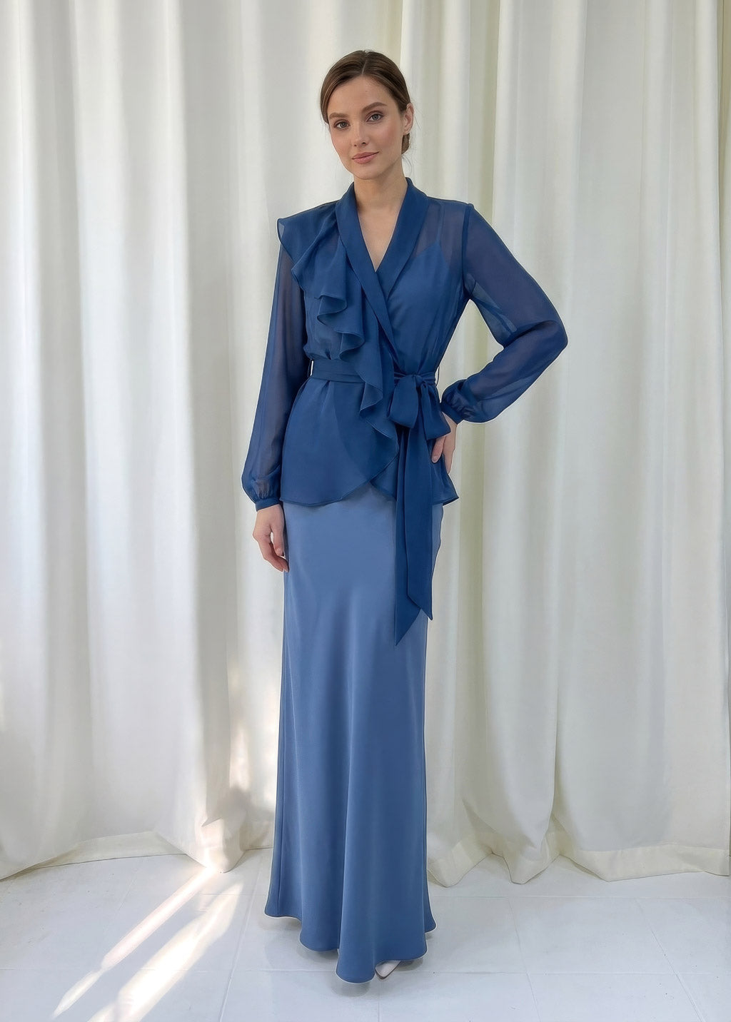 Bias Cut Silk Satin Maxi Dress with Chiffon Blouse
