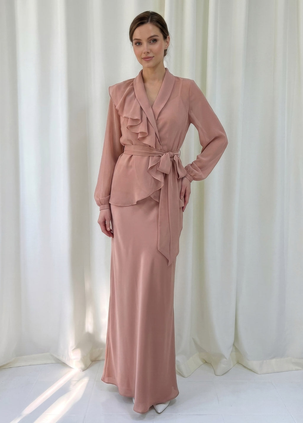 Bias Cut Silk Satin Maxi Dress with Chiffon Blouse