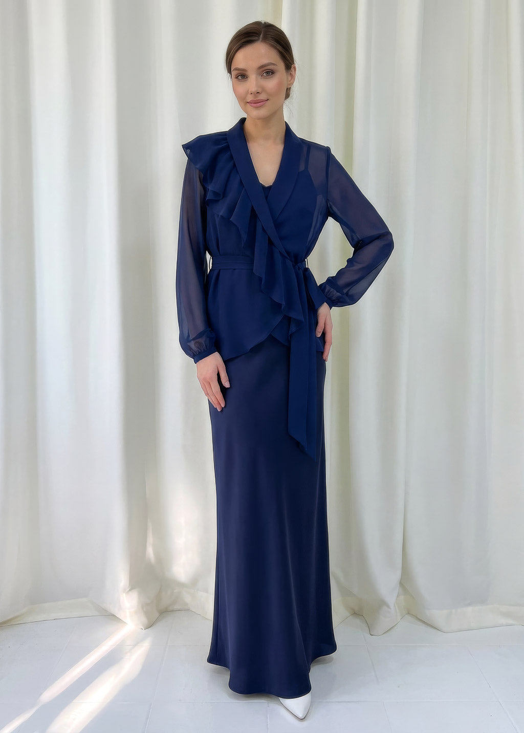 Bias Cut Silk Satin Maxi Dress with Chiffon Blouse