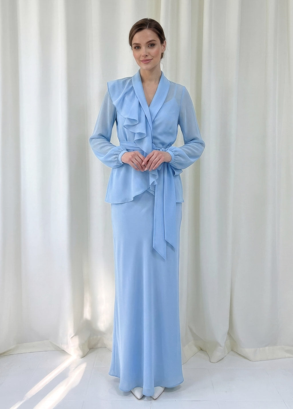 Bias Cut Silk Satin Maxi Dress with Chiffon Blouse