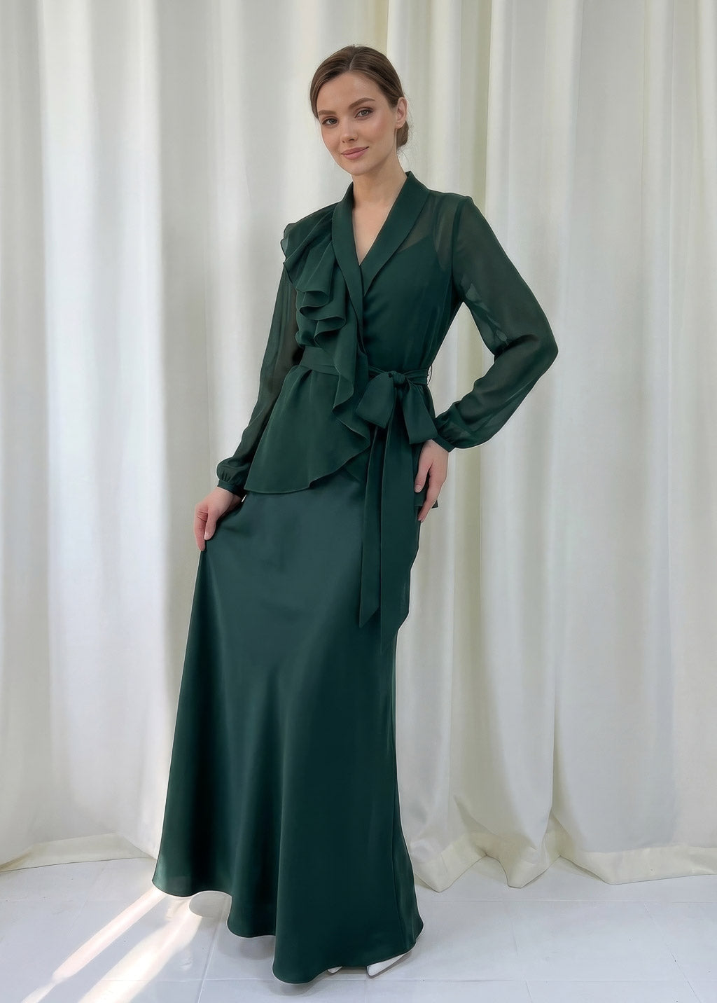 Bias Cut Silk Satin Maxi Dress with Chiffon Blouse