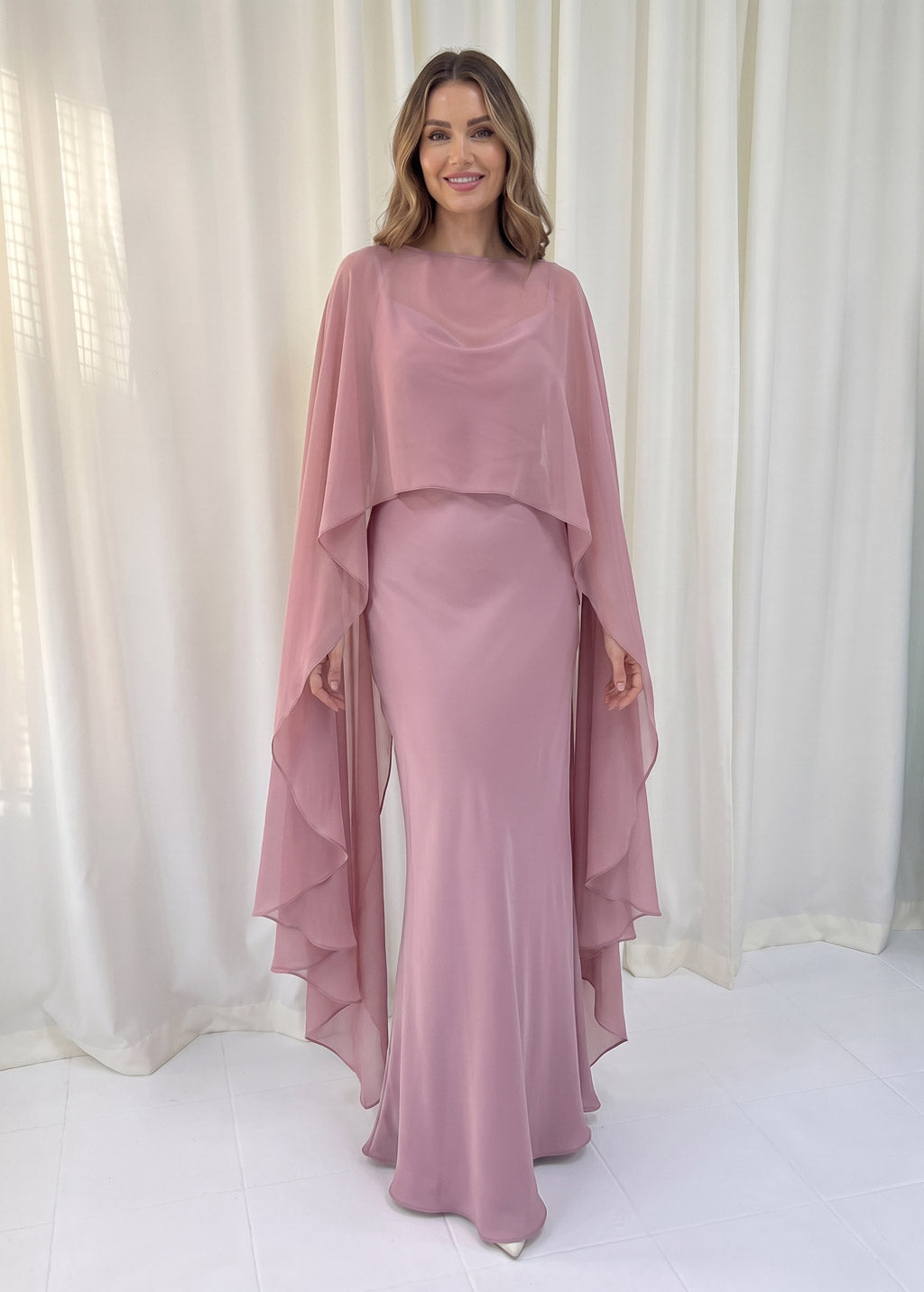 Bias Cut Silk Satin Maxi Dress with Chiffon Cape
