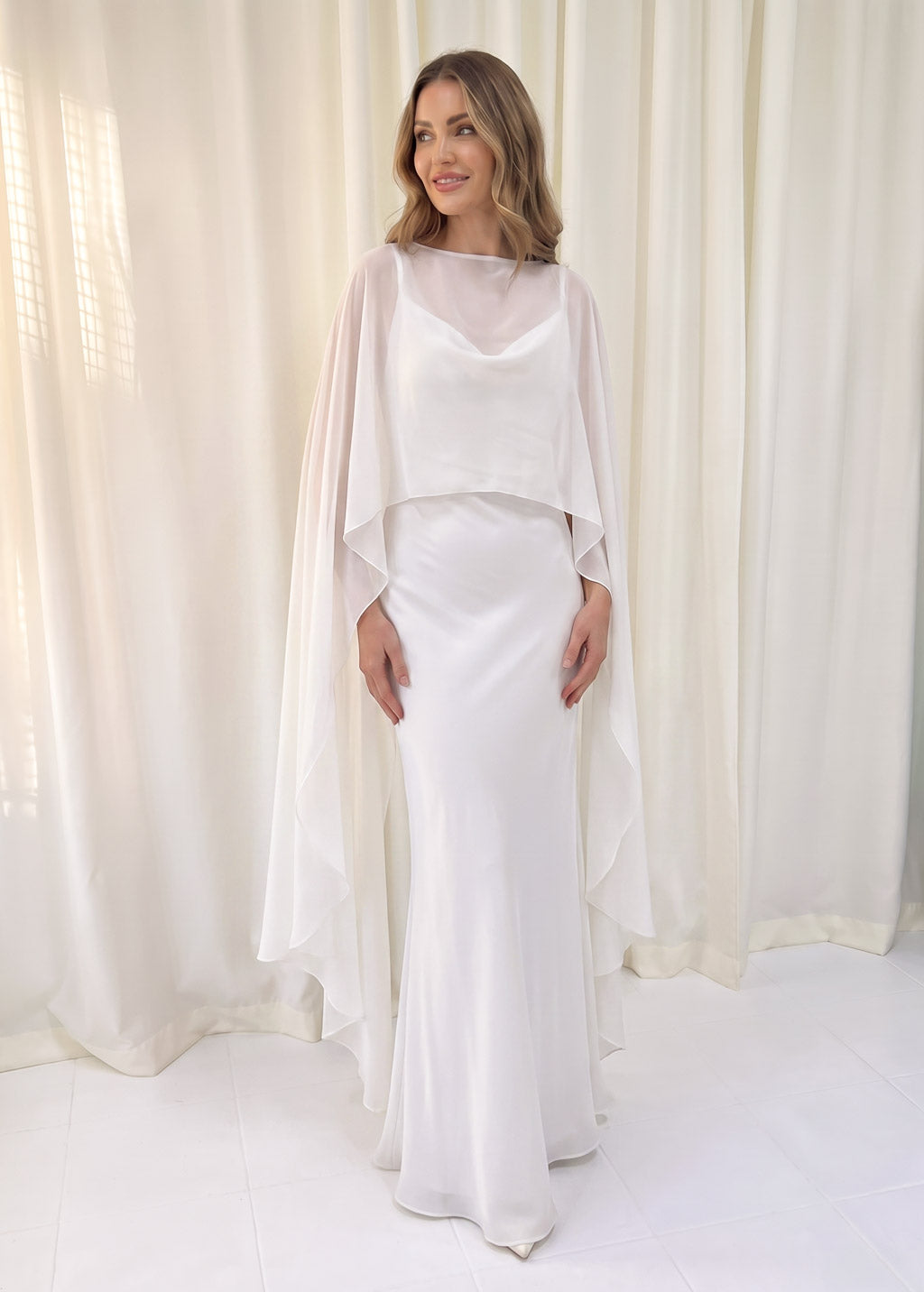 Bias Cut Silk Satin Maxi Dress with Chiffon Cape