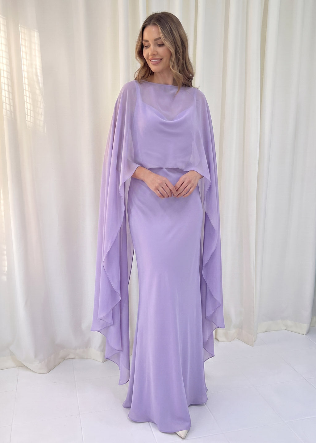 Bias Cut Silk Satin Maxi Dress with Chiffon Cape