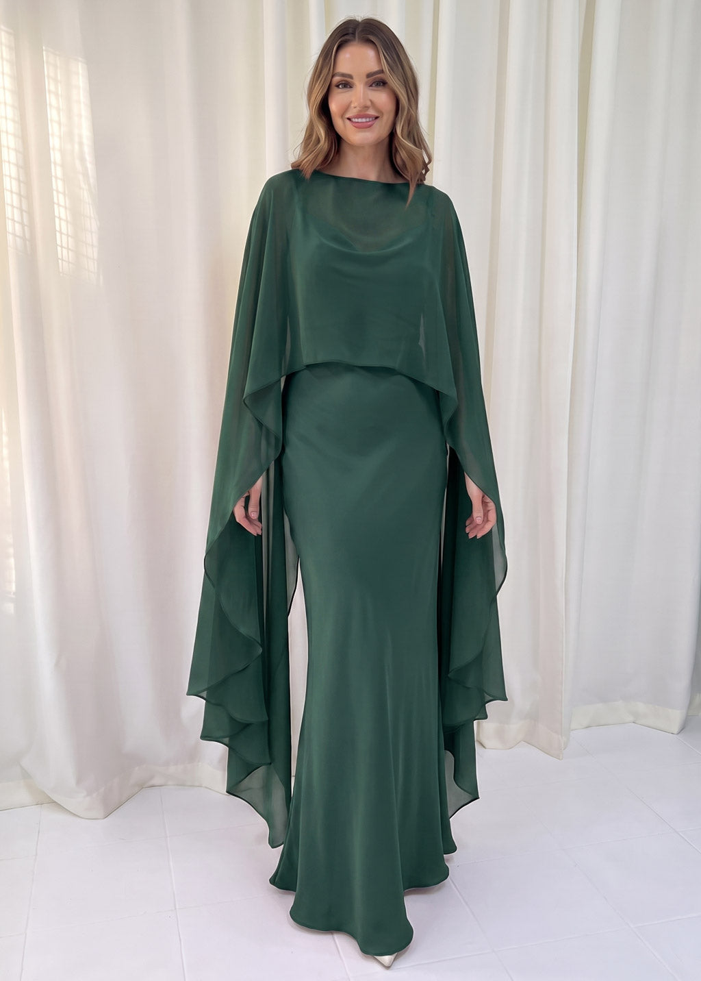 Bias Cut Silk Satin Maxi Dress with Chiffon Cape