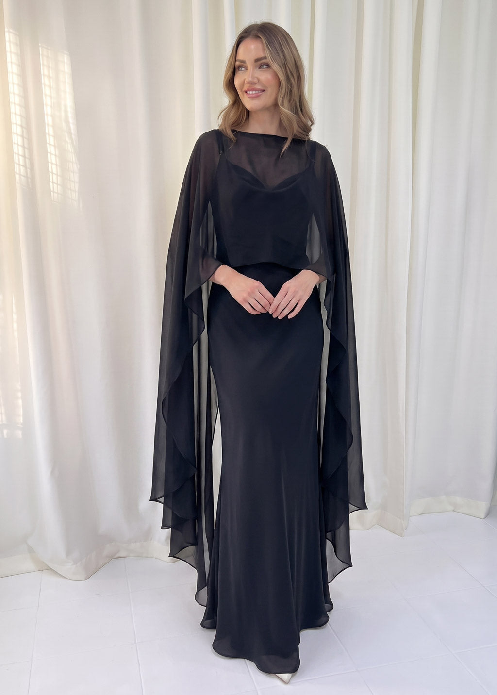 Bias Cut Silk Satin Maxi Dress with Chiffon Cape