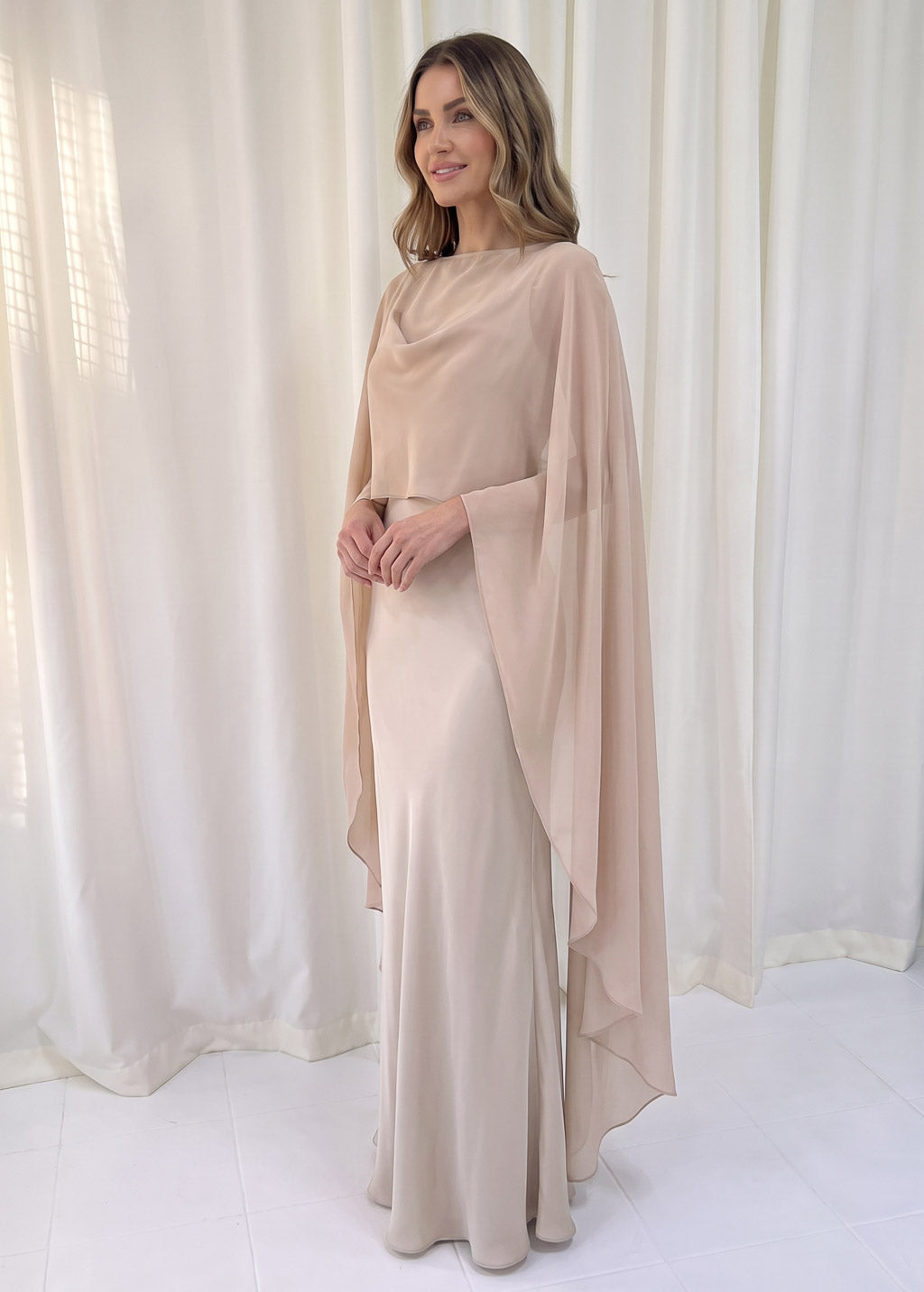 Bias Cut Silk Satin Maxi Dress with Chiffon Cape