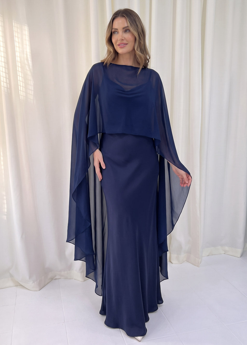 Bias Cut Silk Satin Maxi Dress with Chiffon Cape
