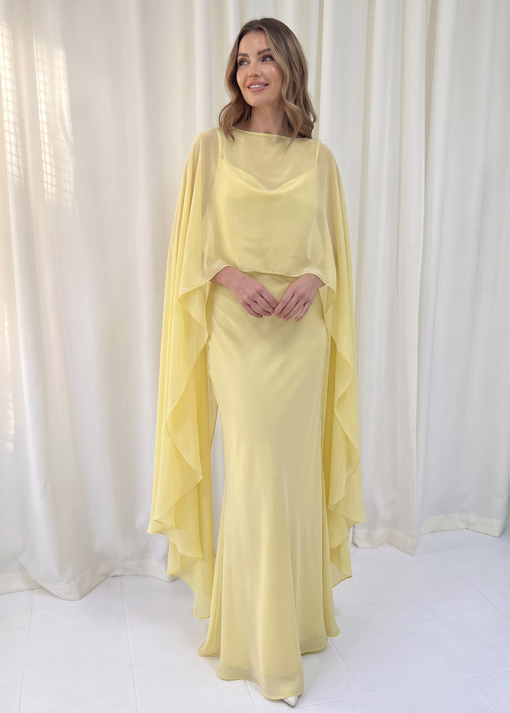 Bias Cut Silk Satin Maxi Dress with Chiffon Cape