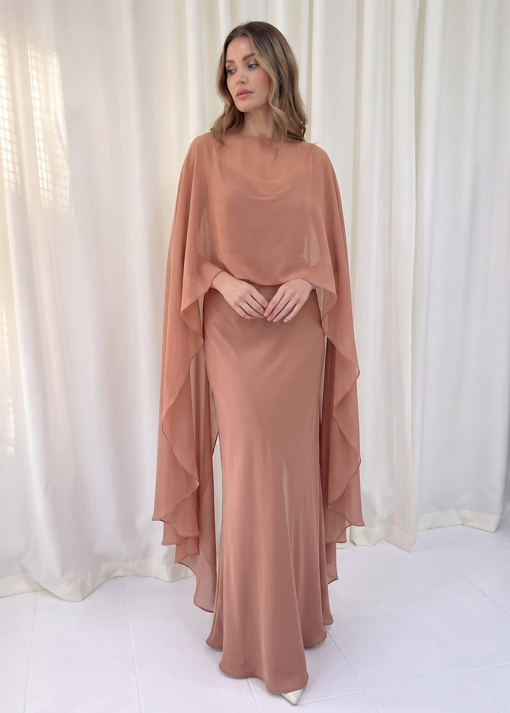 Bias Cut Silk Satin Maxi Dress with Chiffon Cape