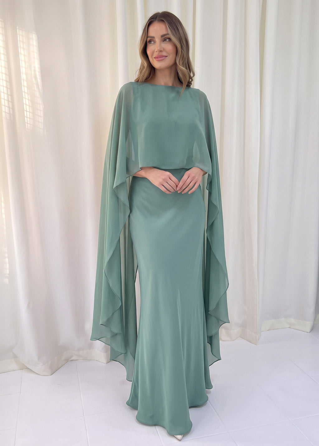 Bias Cut Silk Satin Maxi Dress with Chiffon Cape