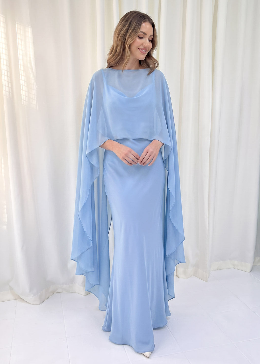 Bias Cut Silk Satin Maxi Dress with Chiffon Cape