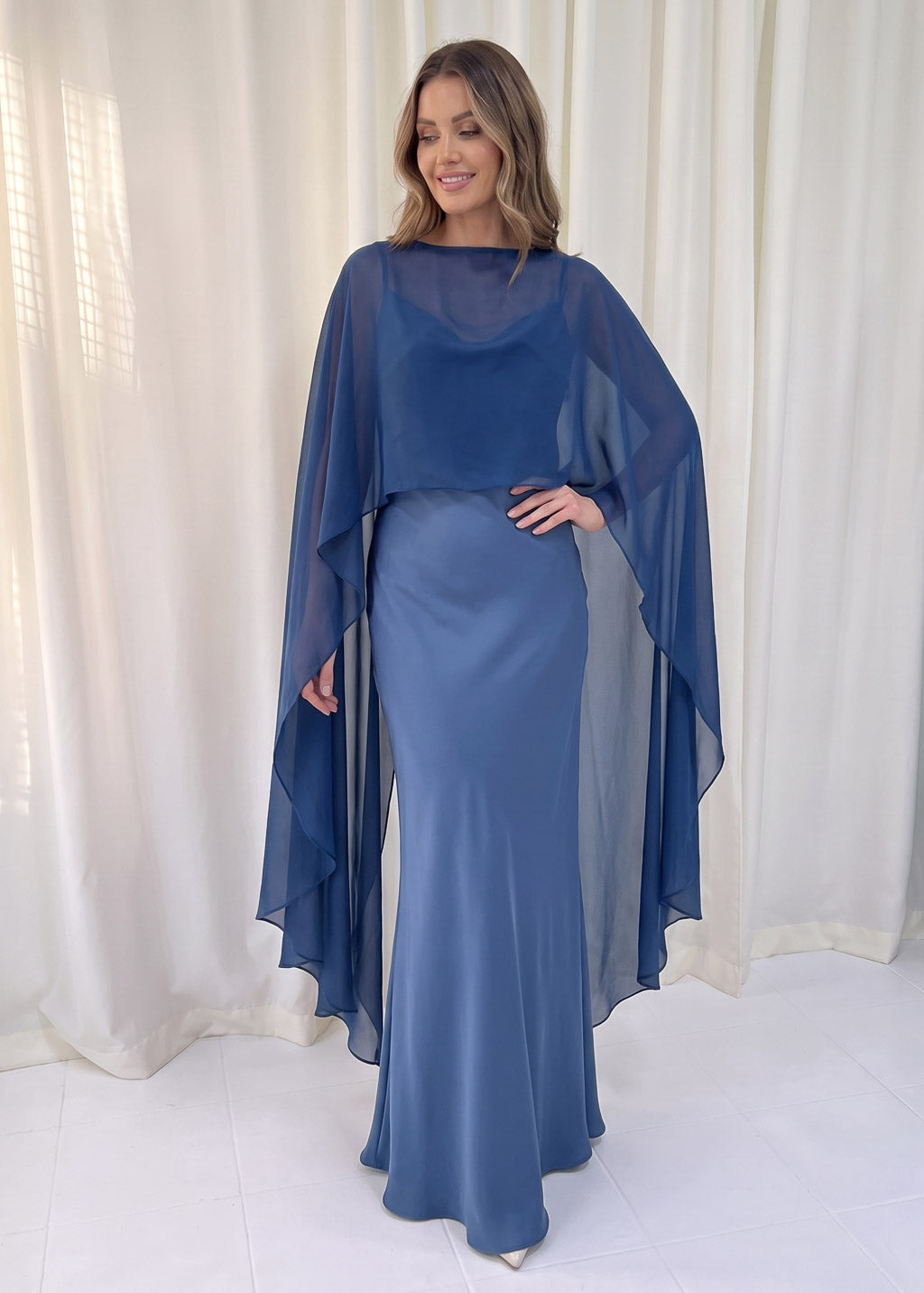 Bias Cut Silk Satin Maxi Dress with Chiffon Cape