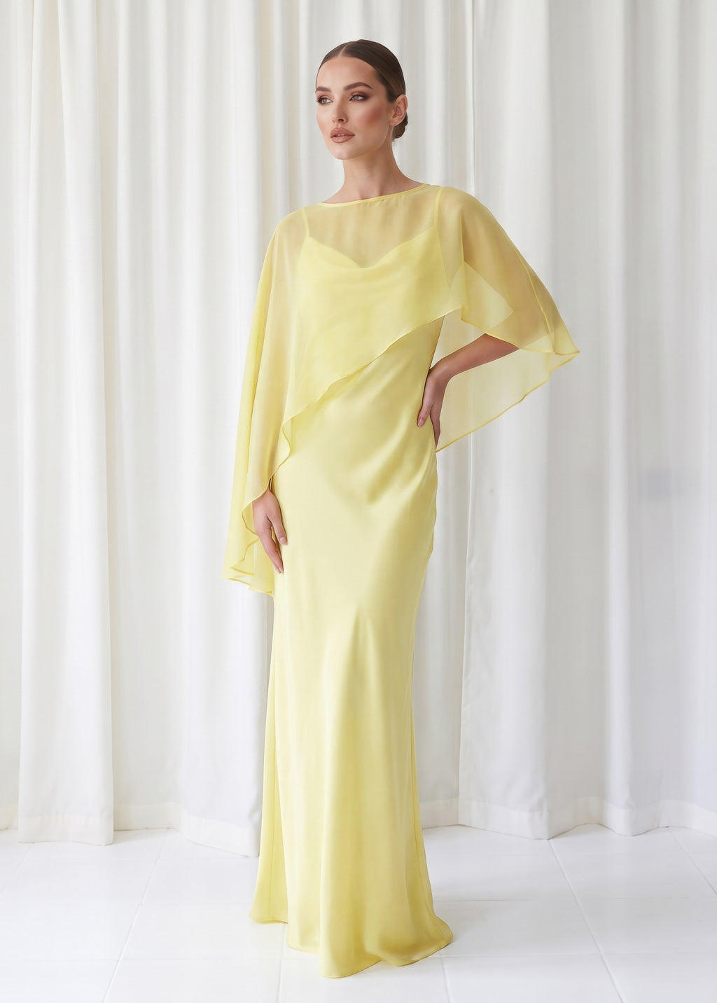 Bias Cut Silk Satin Maxi Dress with Chiffon Cape