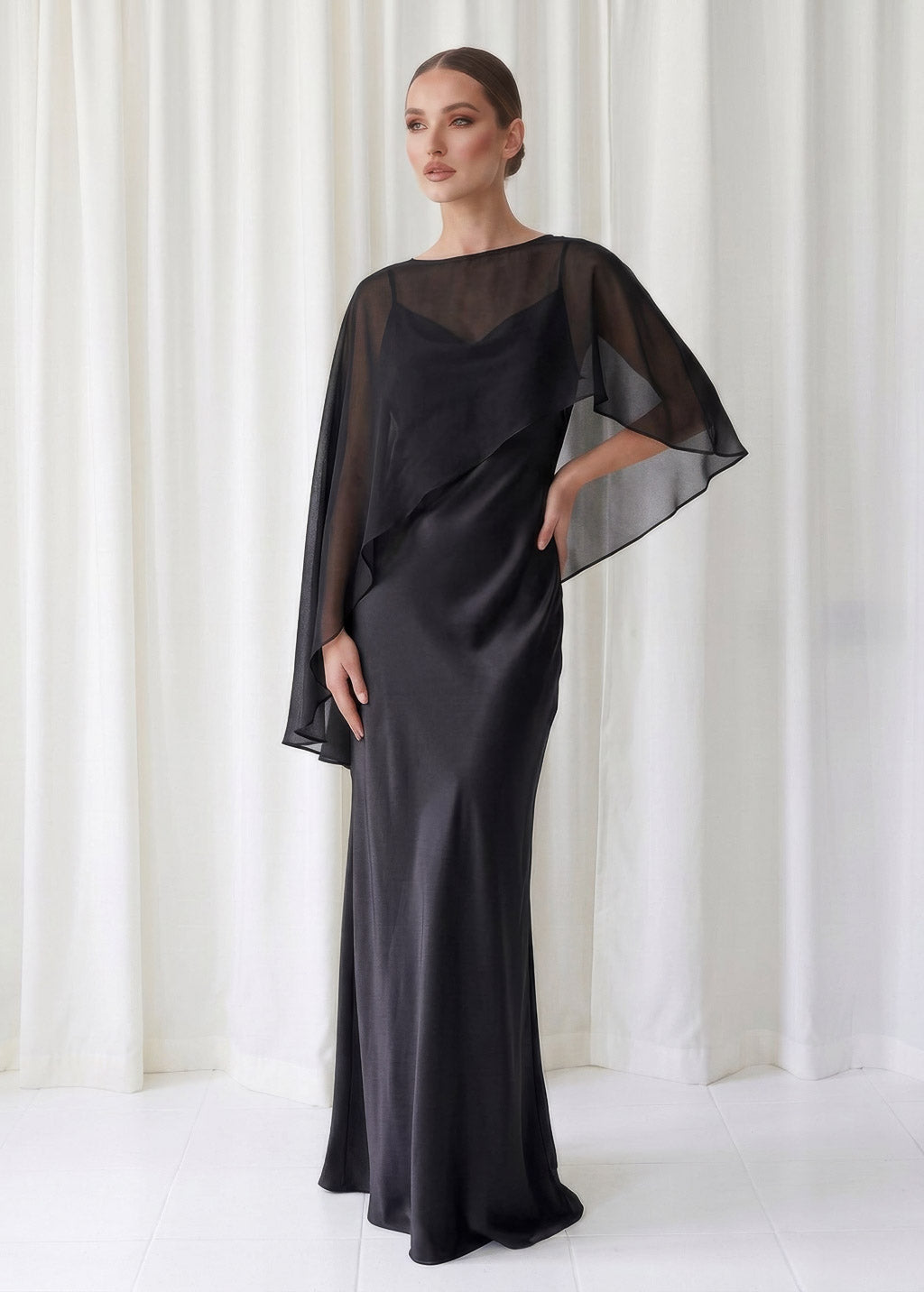Bias Cut Silk Satin Maxi Dress with Chiffon Cape