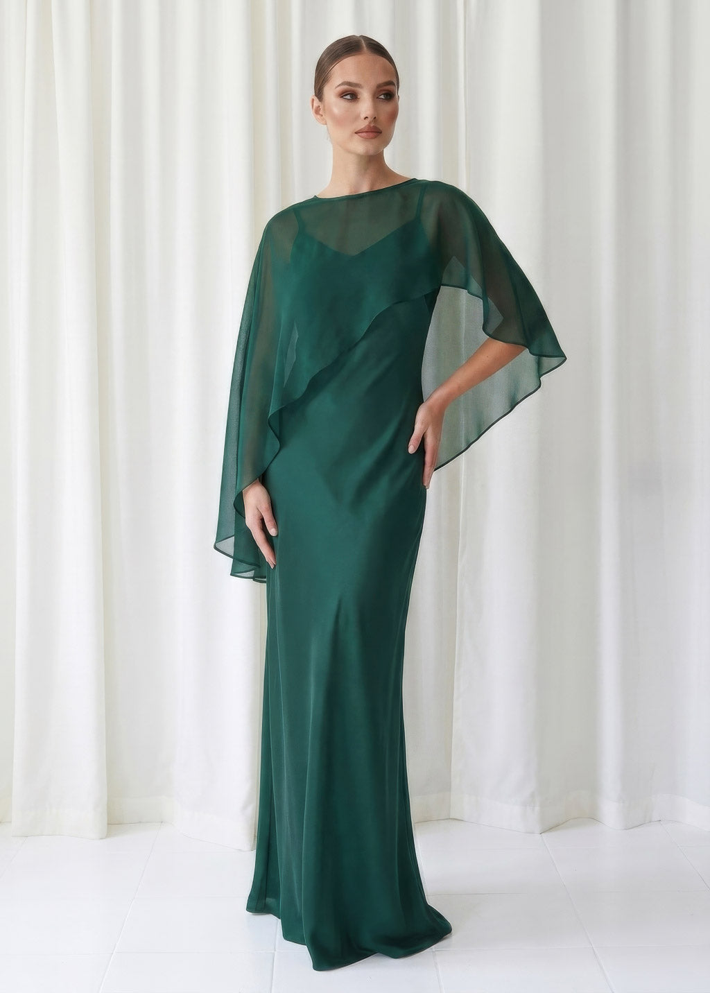 Bias Cut Silk Satin Maxi Dress with Chiffon Cape