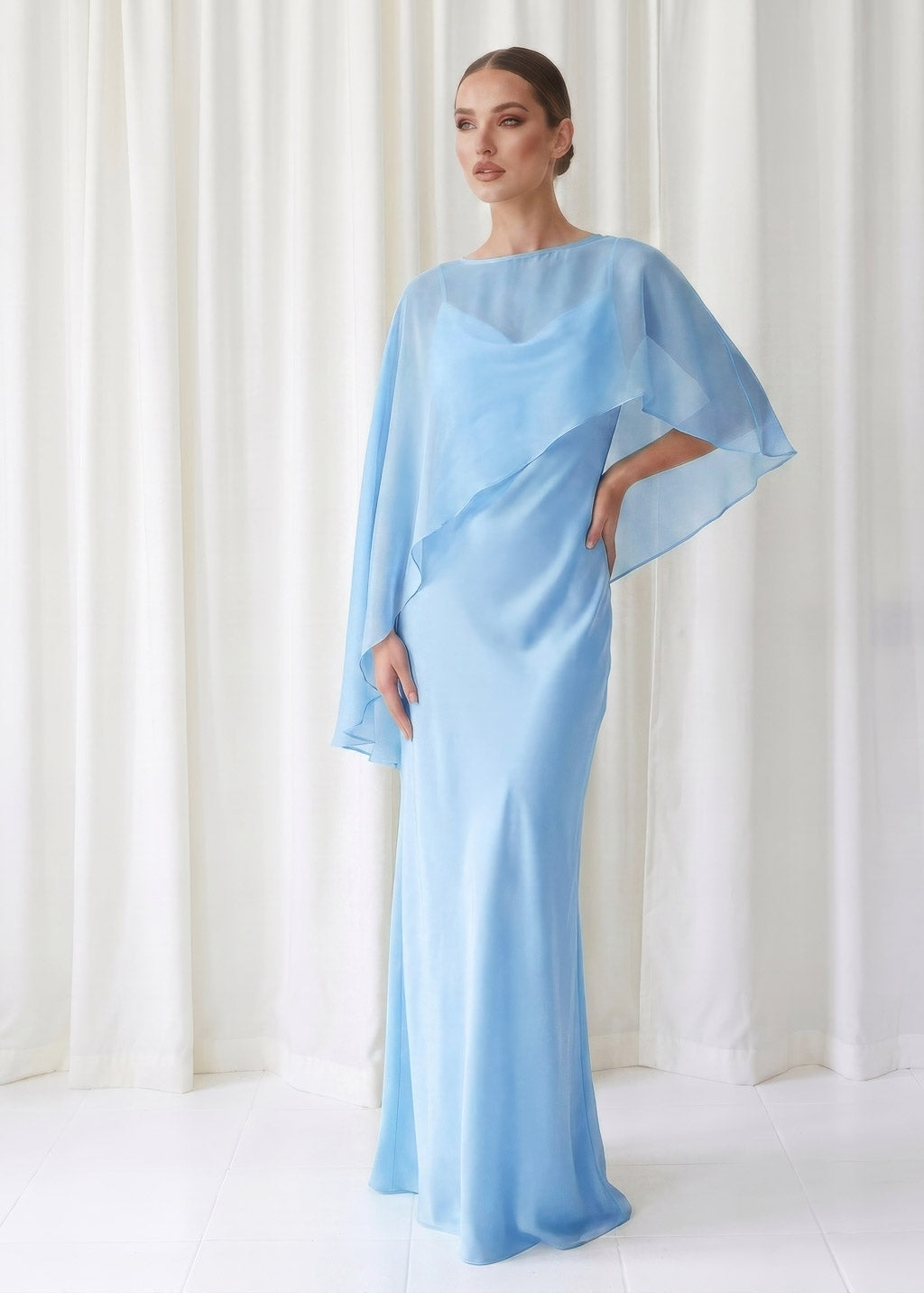 Bias Cut Silk Satin Maxi Dress with Chiffon Cape