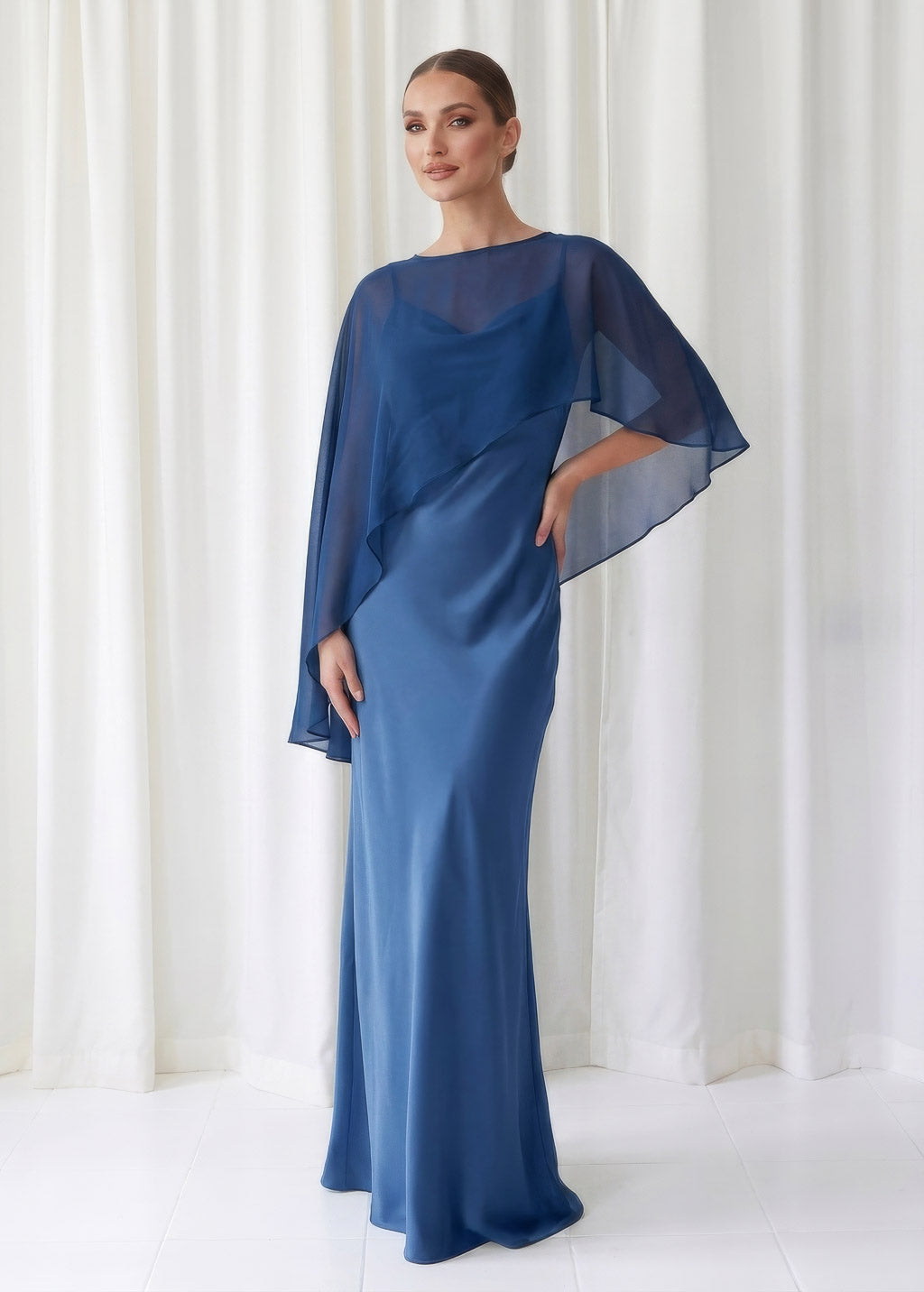 Bias Cut Silk Satin Maxi Dress with Chiffon Cape