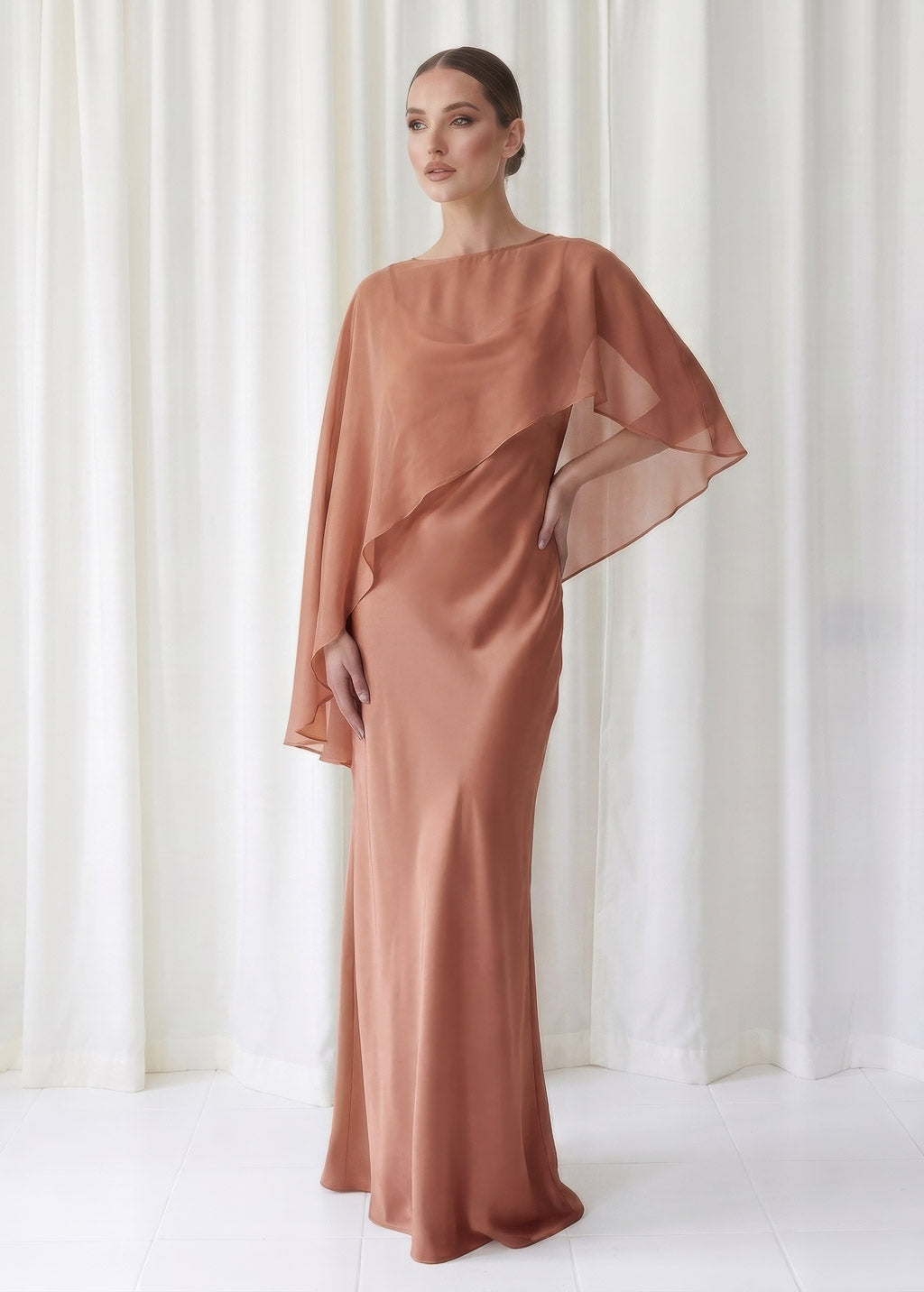 Bias Cut Silk Satin Maxi Dress with Chiffon Cape