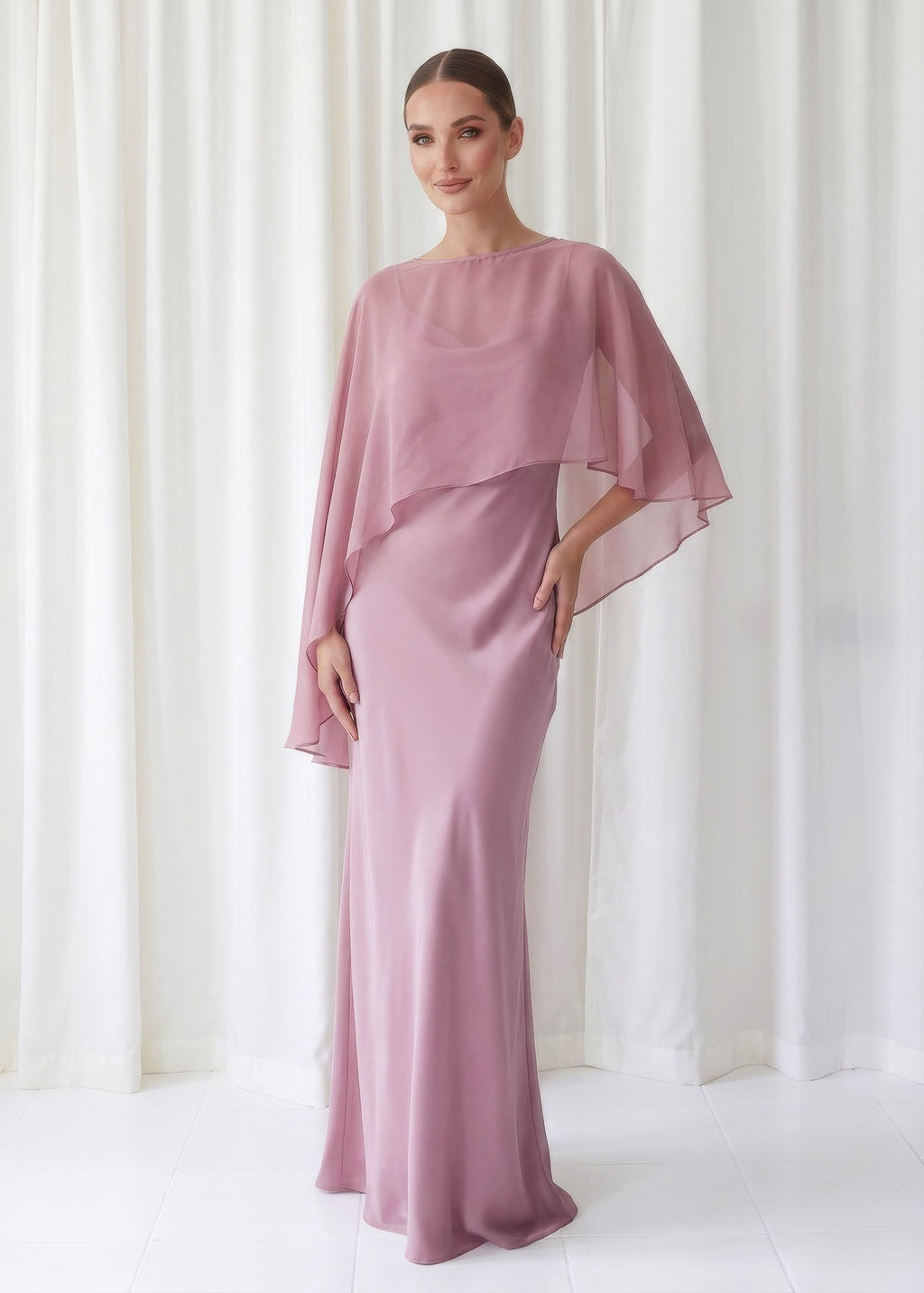 Bias Cut Silk Satin Maxi Dress with Chiffon Cape