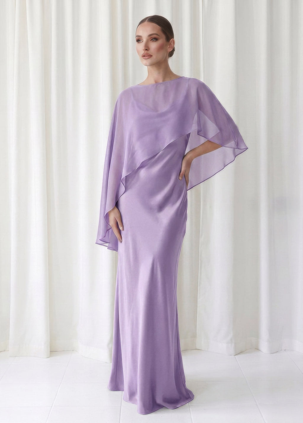 Bias Cut Silk Satin Maxi Dress with Chiffon Cape