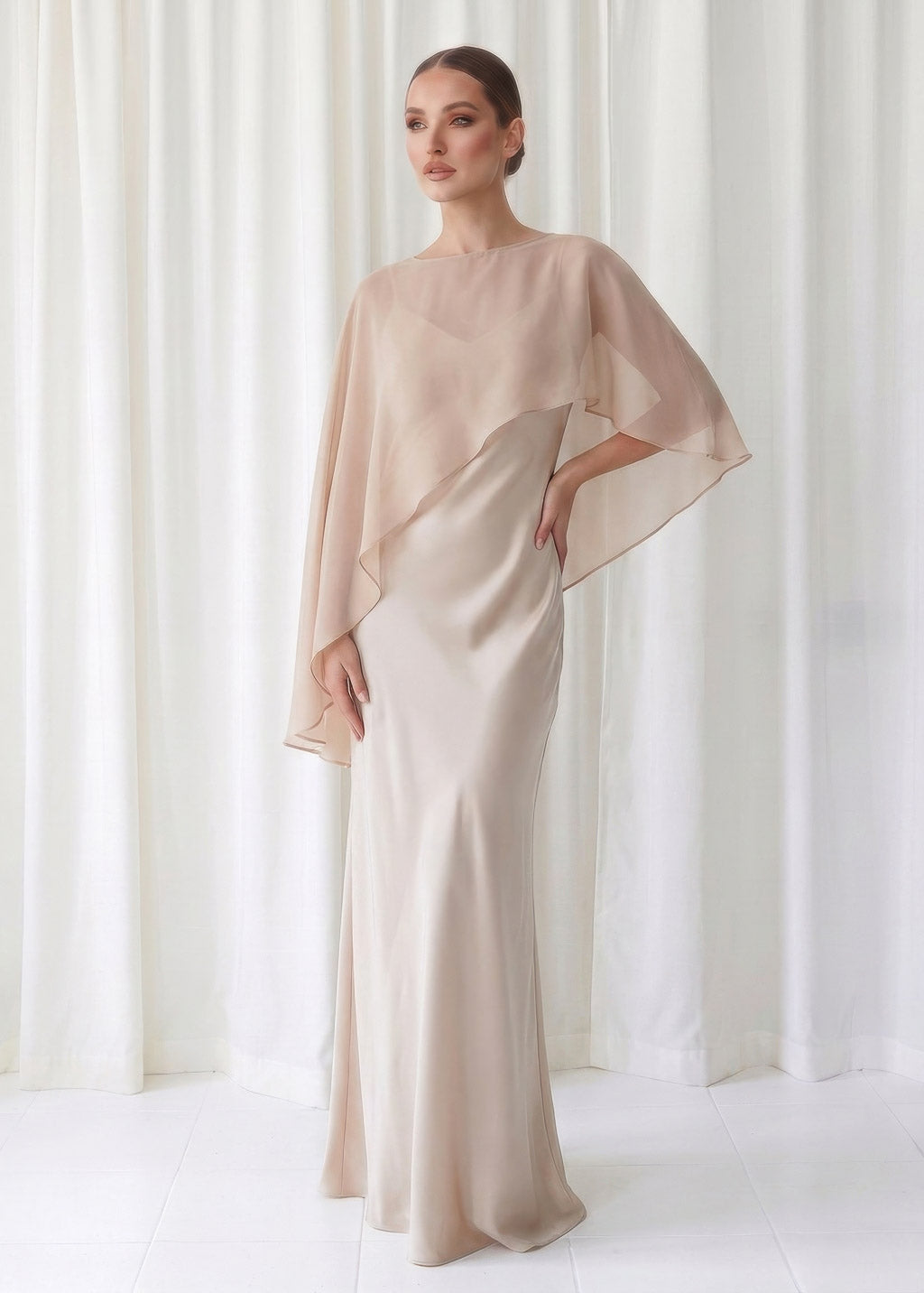 Bias Cut Silk Satin Maxi Dress with Chiffon Cape