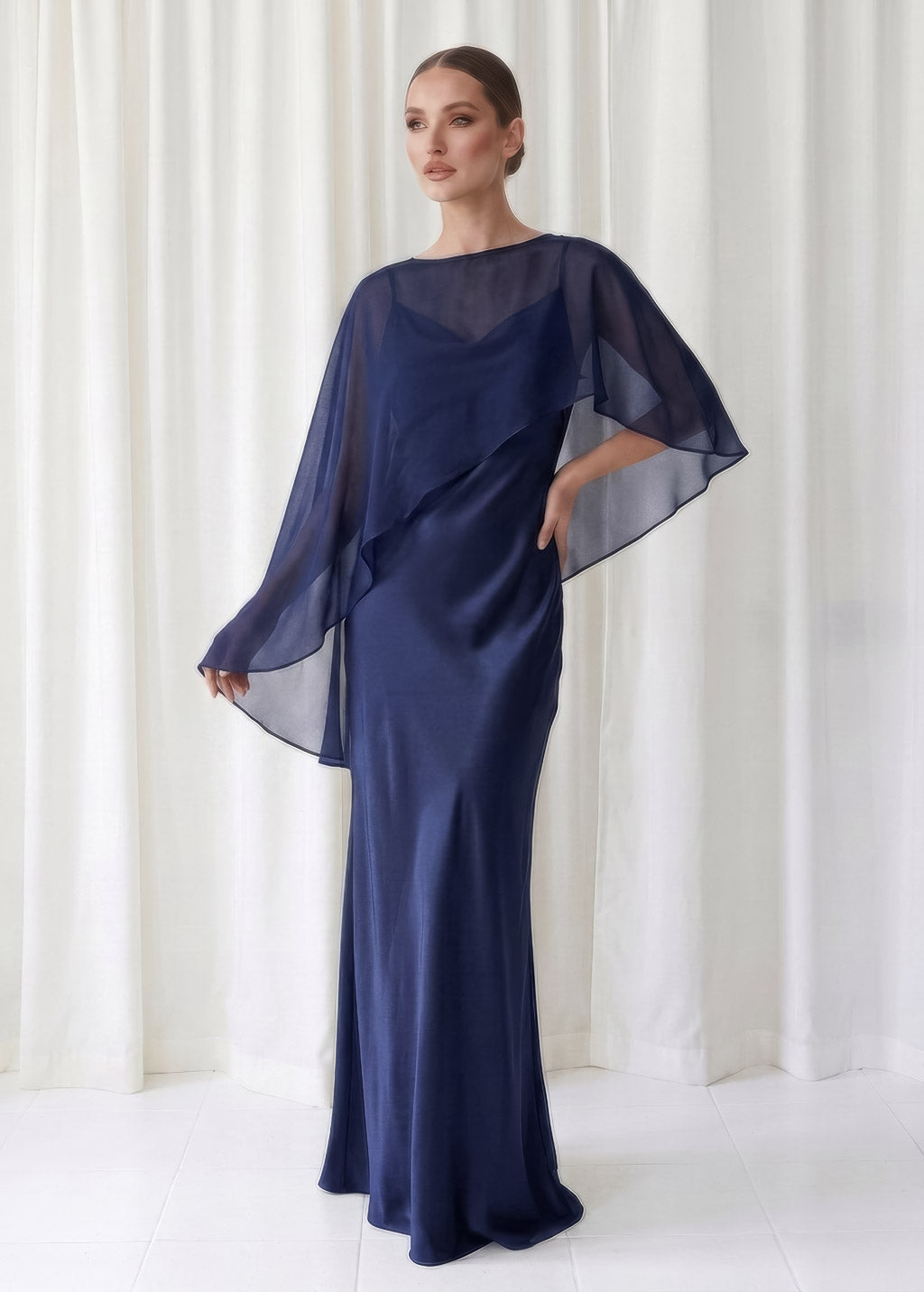 Bias Cut Silk Satin Maxi Dress with Chiffon Cape
