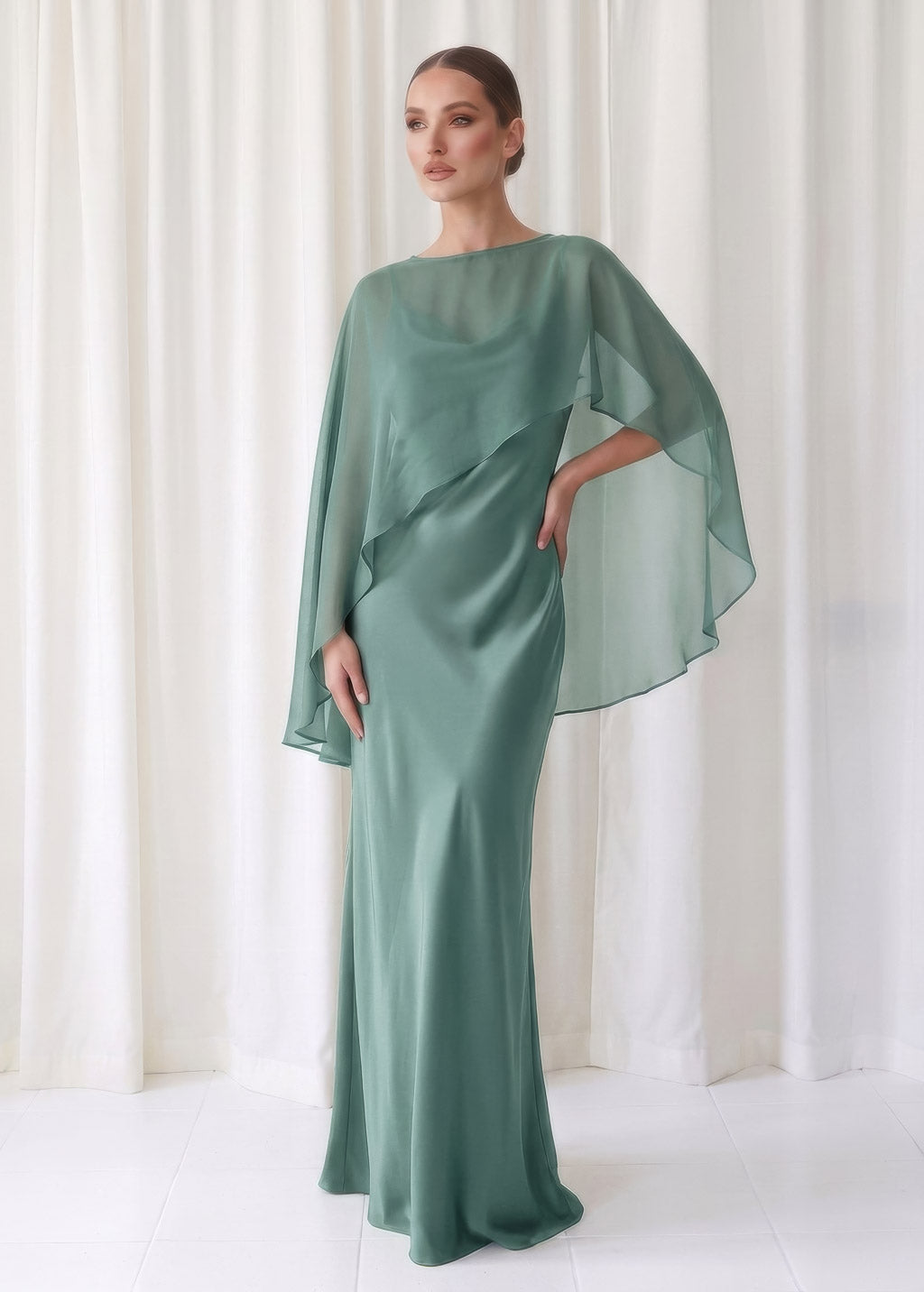 Bias Cut Silk Satin Maxi Dress with Chiffon Cape