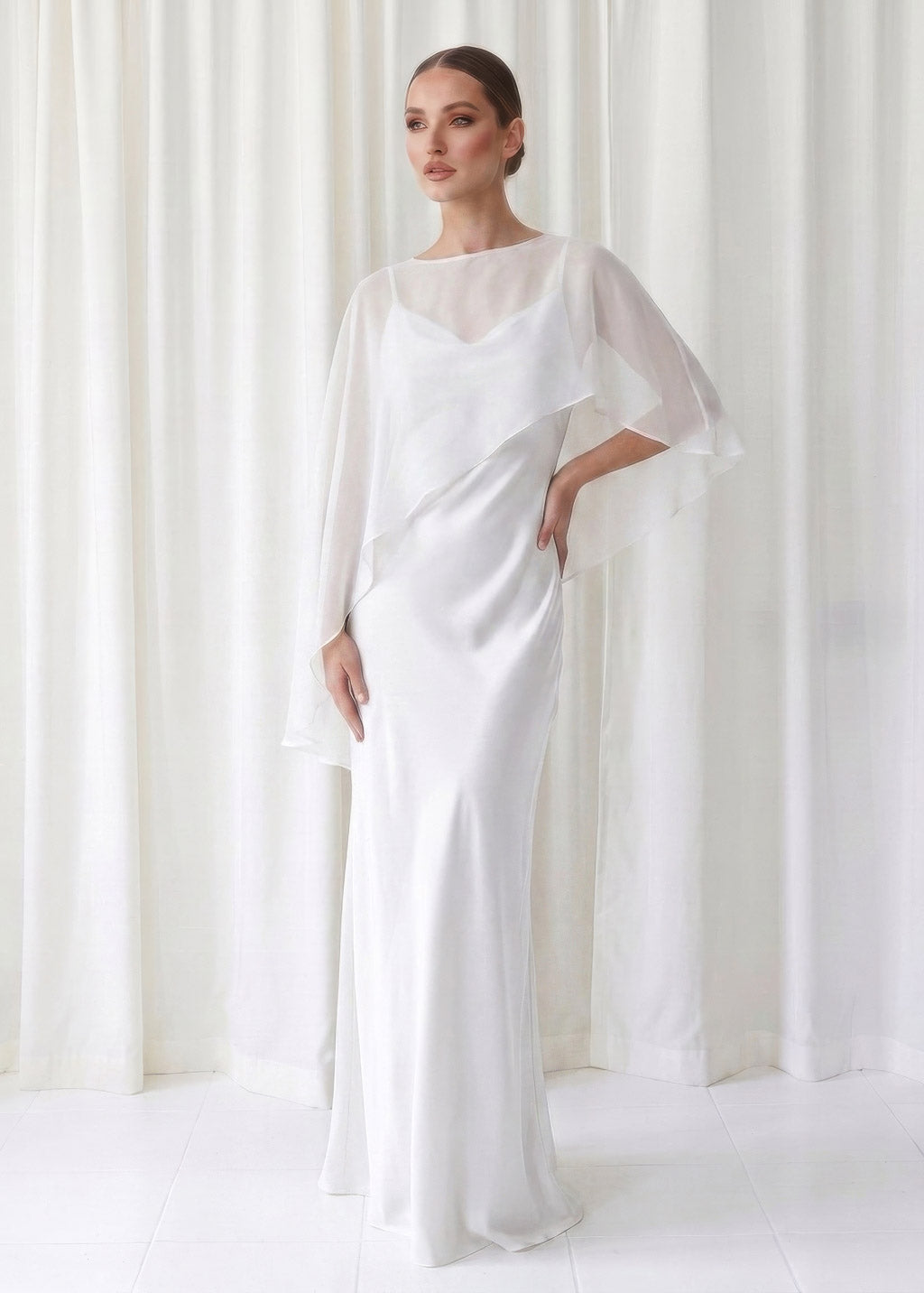 Bias Cut Silk Satin Maxi Dress with Chiffon Cape