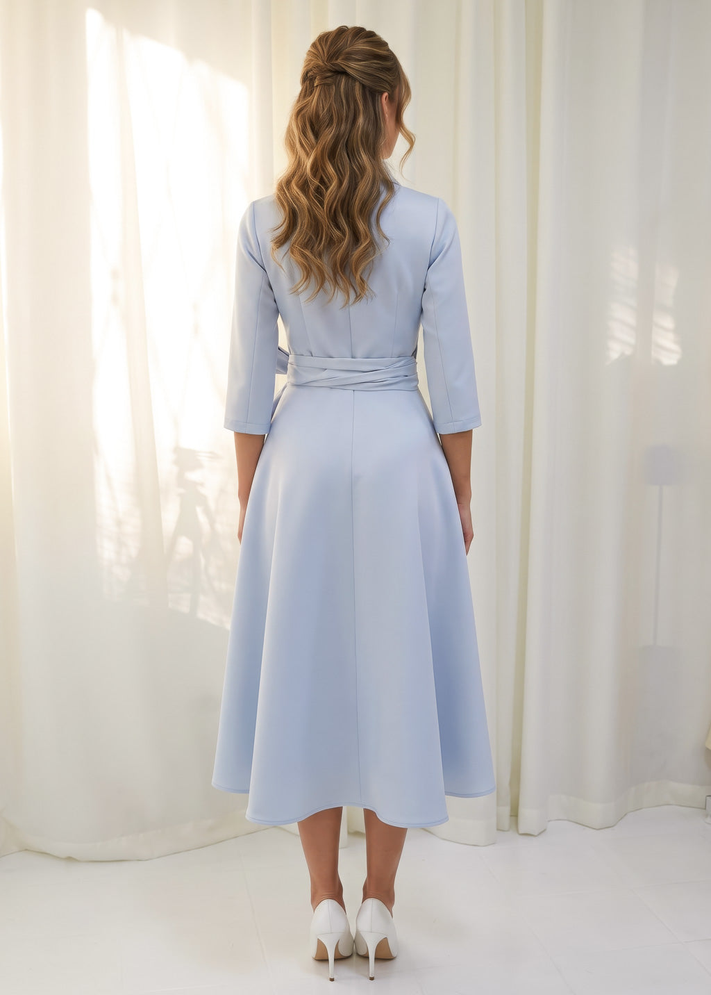 Dusty Blue Luxury Satin Midi Wrap Dress
