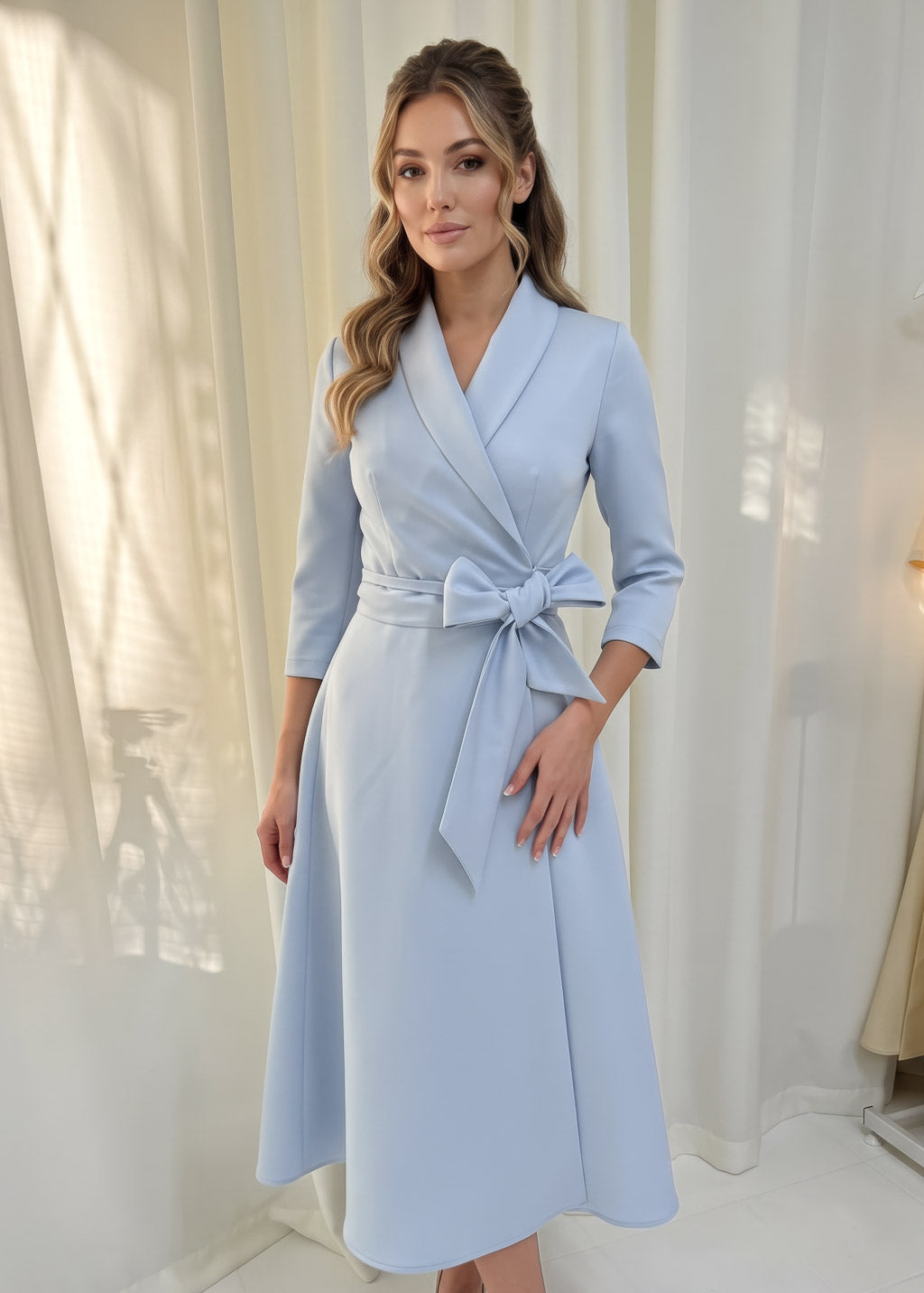 Dusty Blue Luxury Satin Midi Wrap Dress