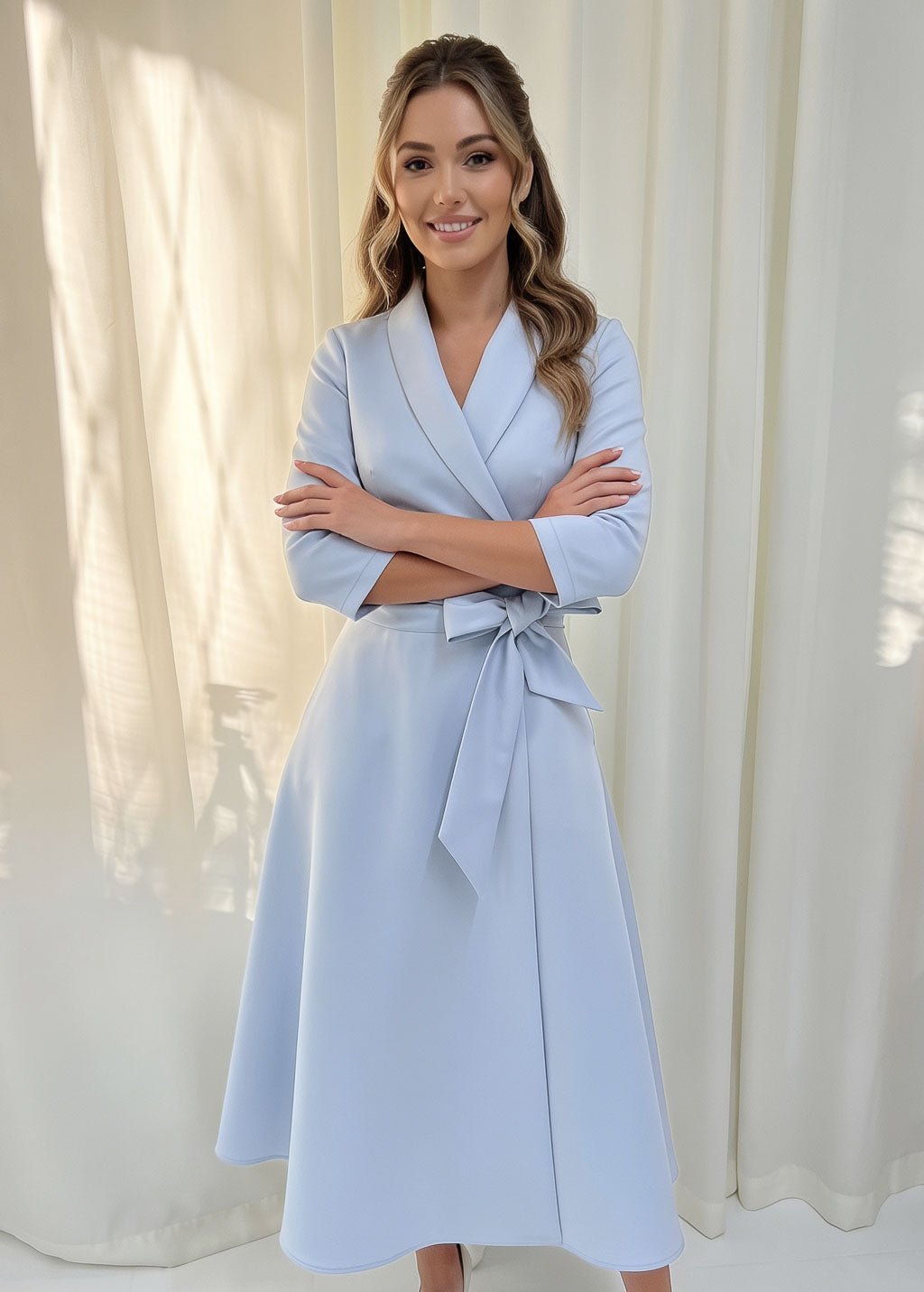 Dusty Blue Luxury Satin Midi Wrap Dress