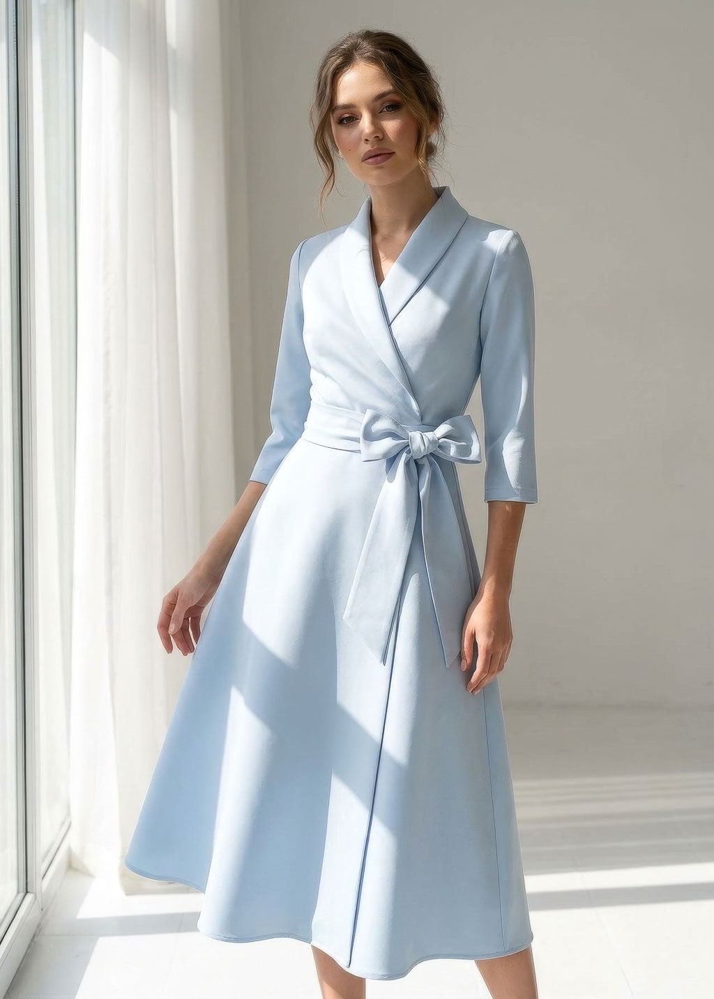 Dusty Blue Luxury Satin Midi Wrap Dress
