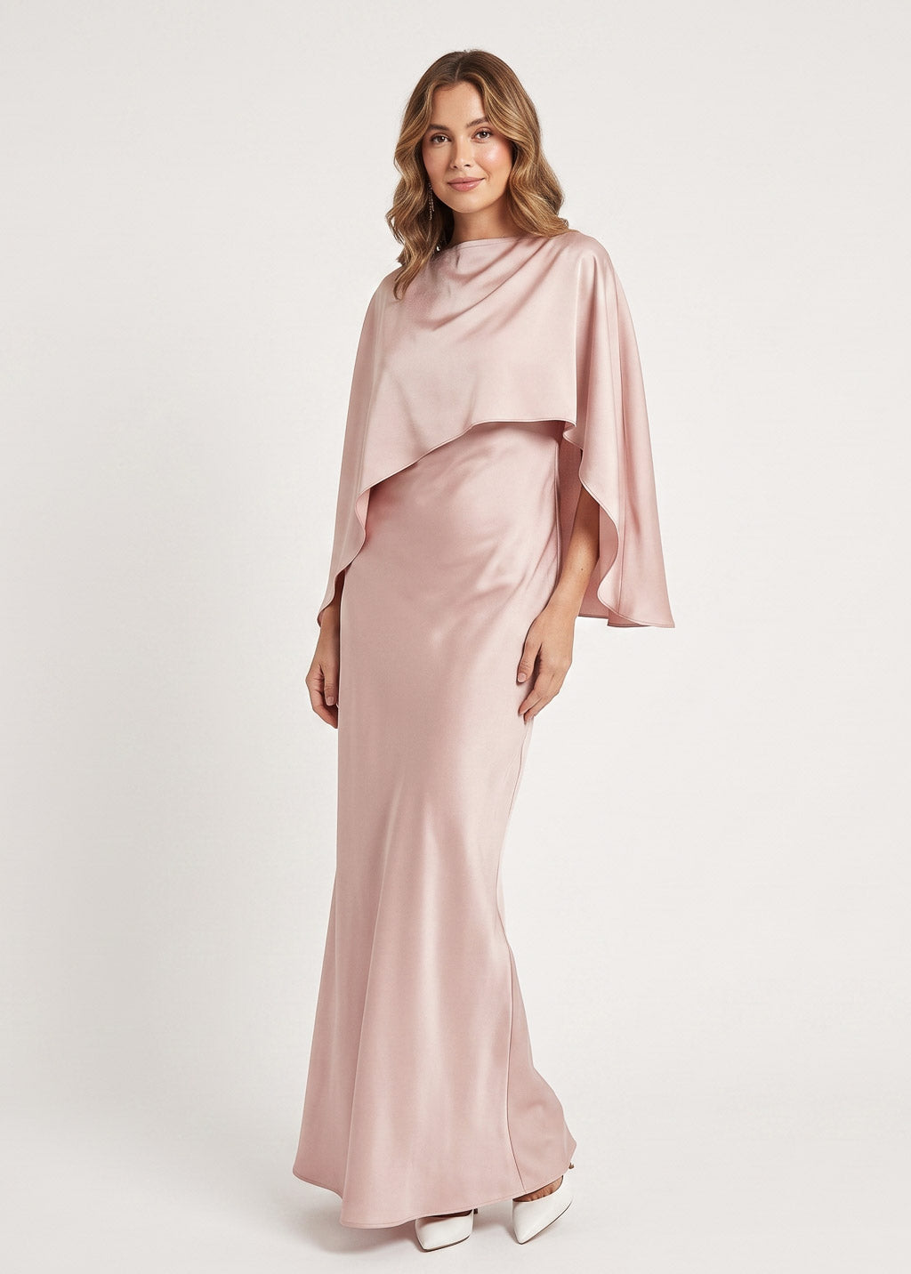 Champagne Beige Silk Dress & Detachable Cape