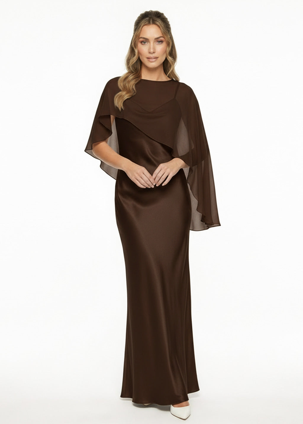 Bias Cut Silk Satin Maxi Dress with Chiffon Cape