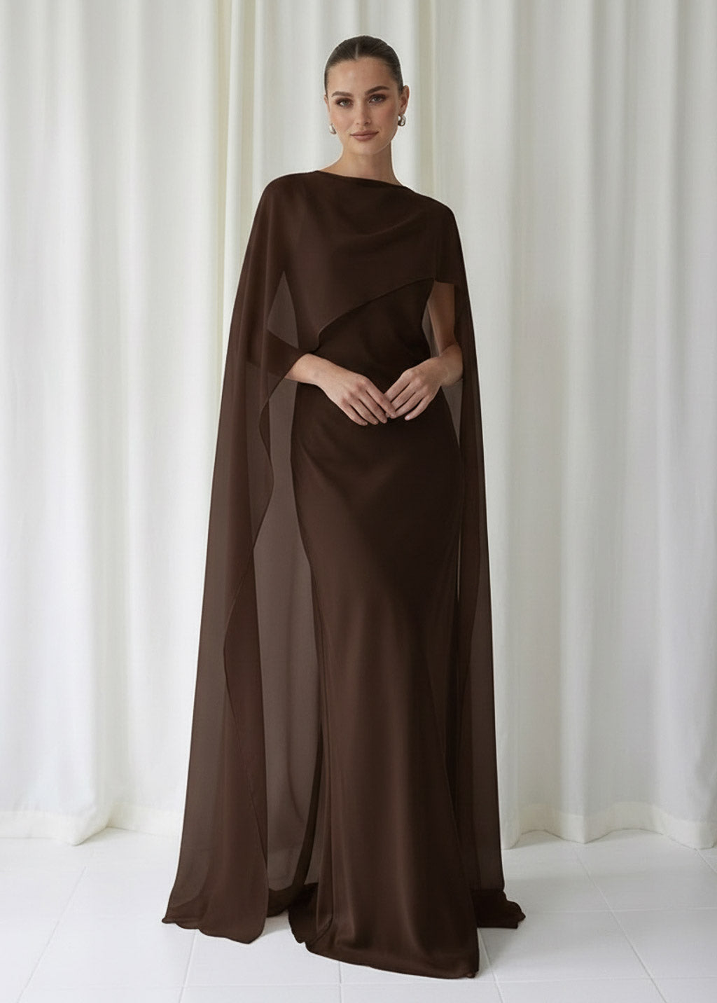 Bias Cut Silk Satin Maxi Dress with Chiffon Cape