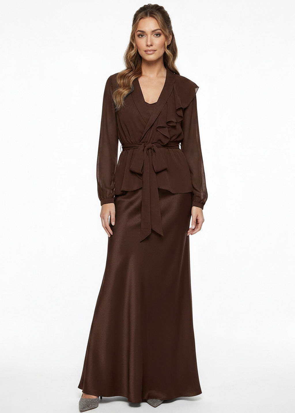 Ivory Bias Cut Silk Satin Maxi Dress with Chiffon Blouse