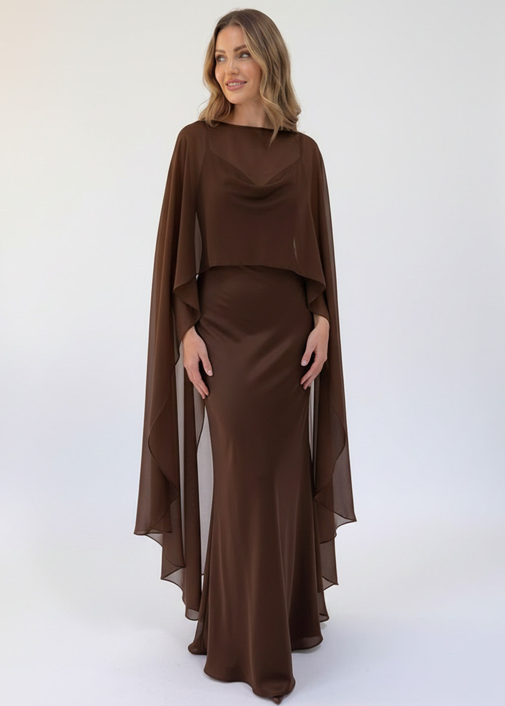 Bias Cut Silk Satin Maxi Dress with Chiffon Cape