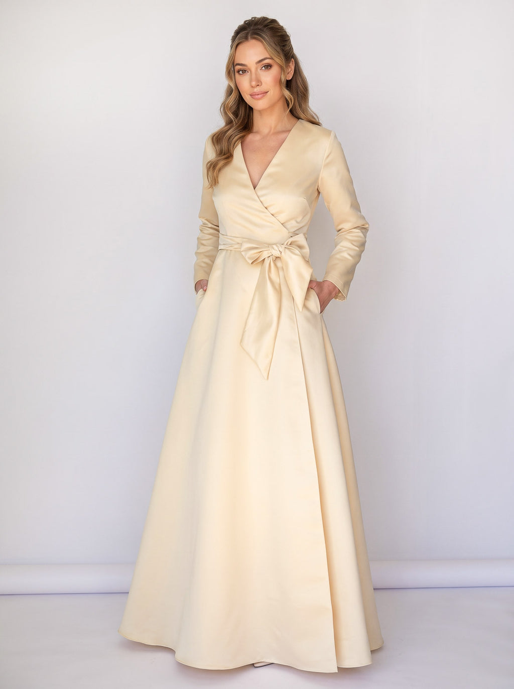 Champagne Gold Luxury Satin Long Wrap Dress