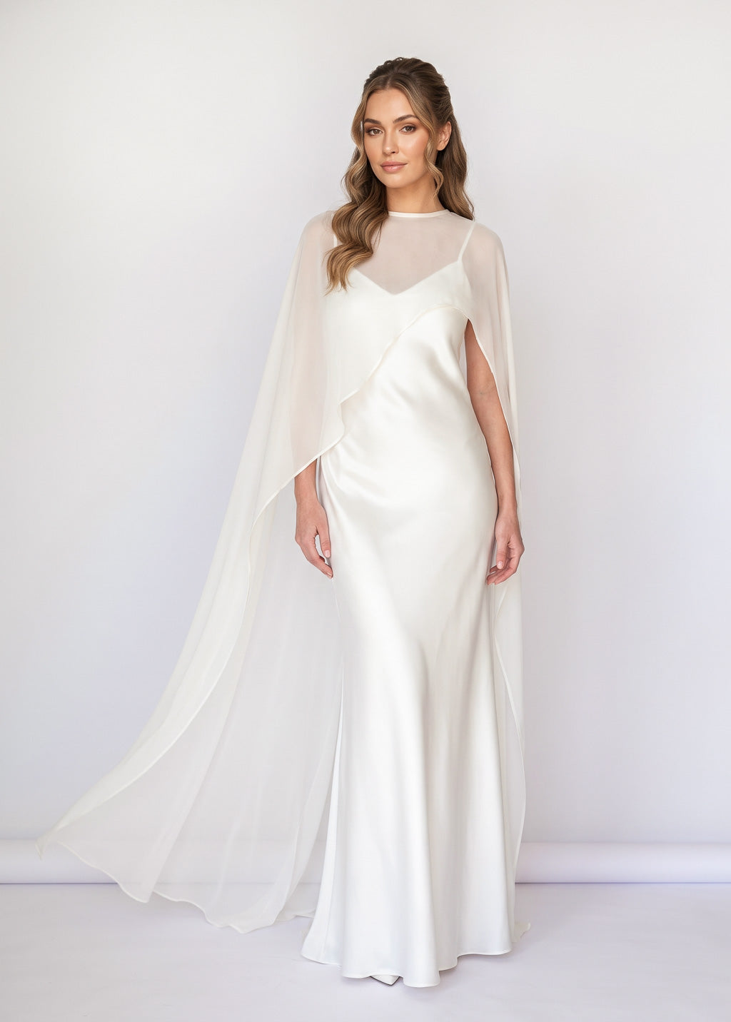 Ivory Bias Cut Silk Satin Maxi Dress with Chiffon Cape