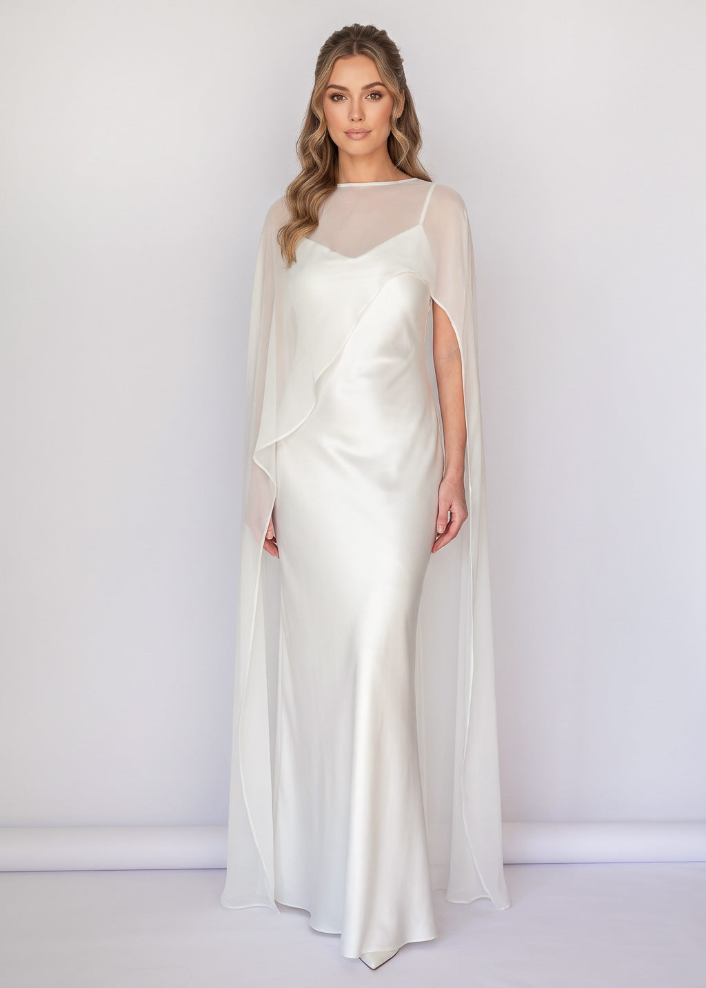 Ivory Bias Cut Silk Satin Maxi Dress with Chiffon Cape