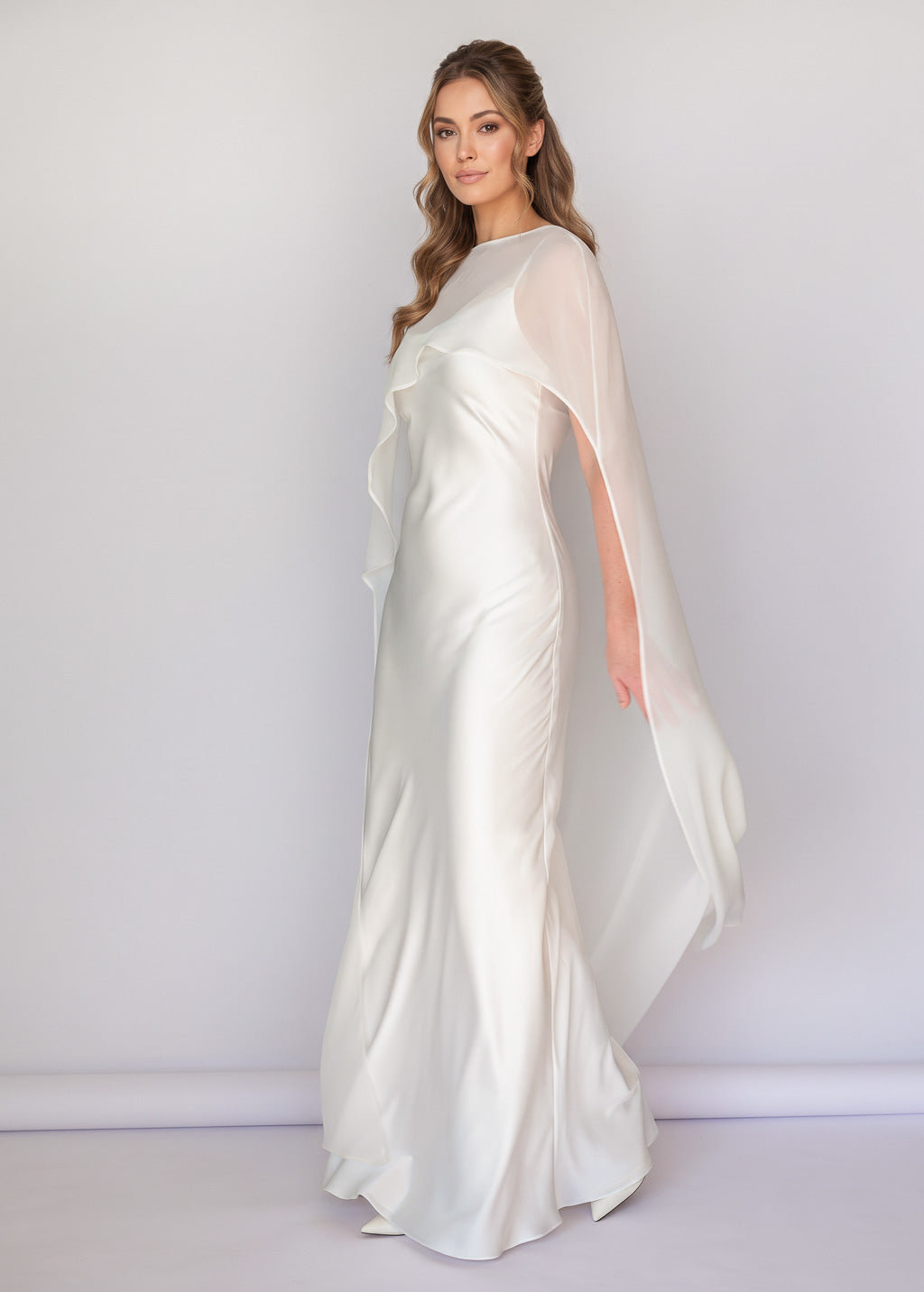 Ivory Bias Cut Silk Satin Maxi Dress with Chiffon Cape