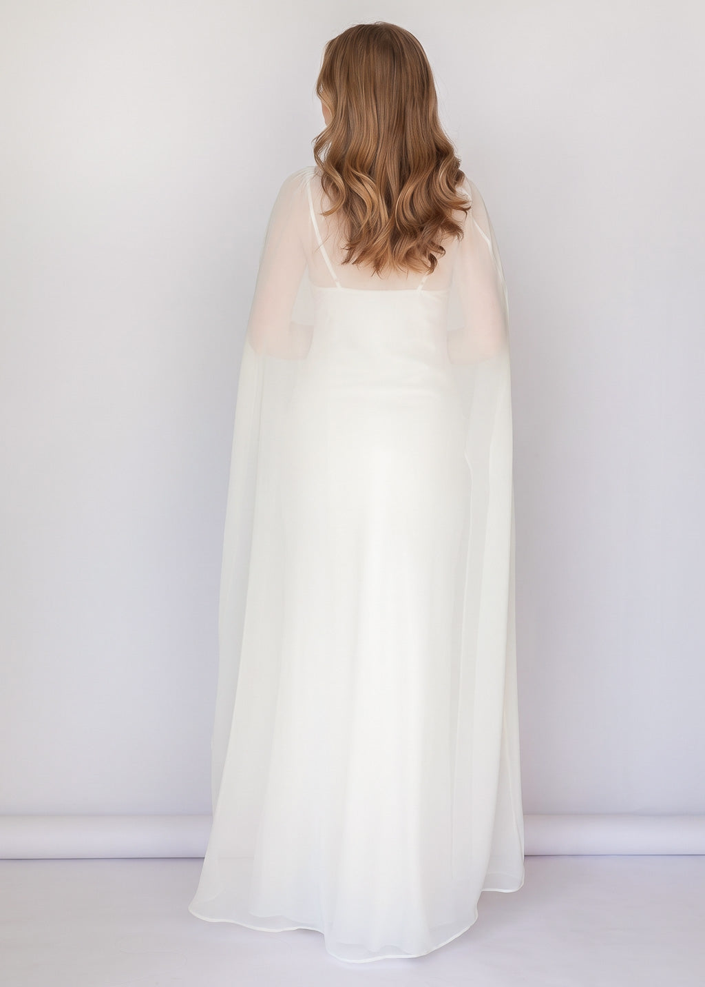 Ivory Bias Cut Silk Satin Maxi Dress with Chiffon Cape