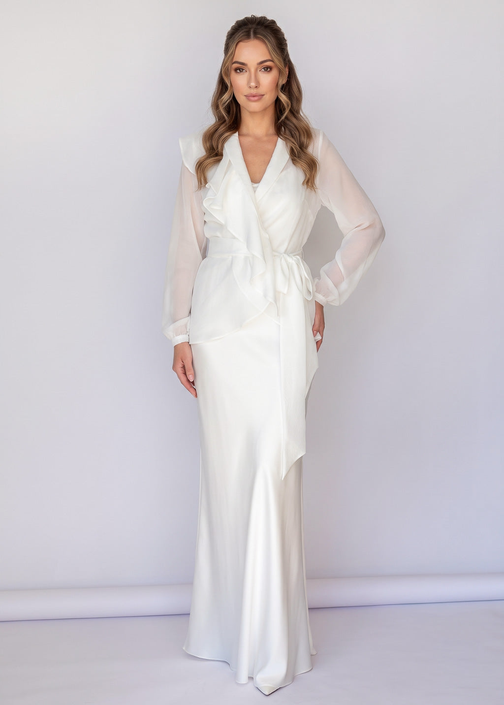 Ivory Bias Cut Silk Satin Maxi Dress with Chiffon Blouse