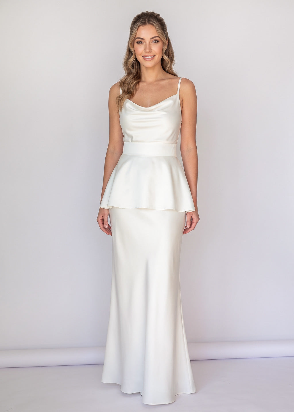 Ivory Silk Slip Dress with Detachable Peplum Belt