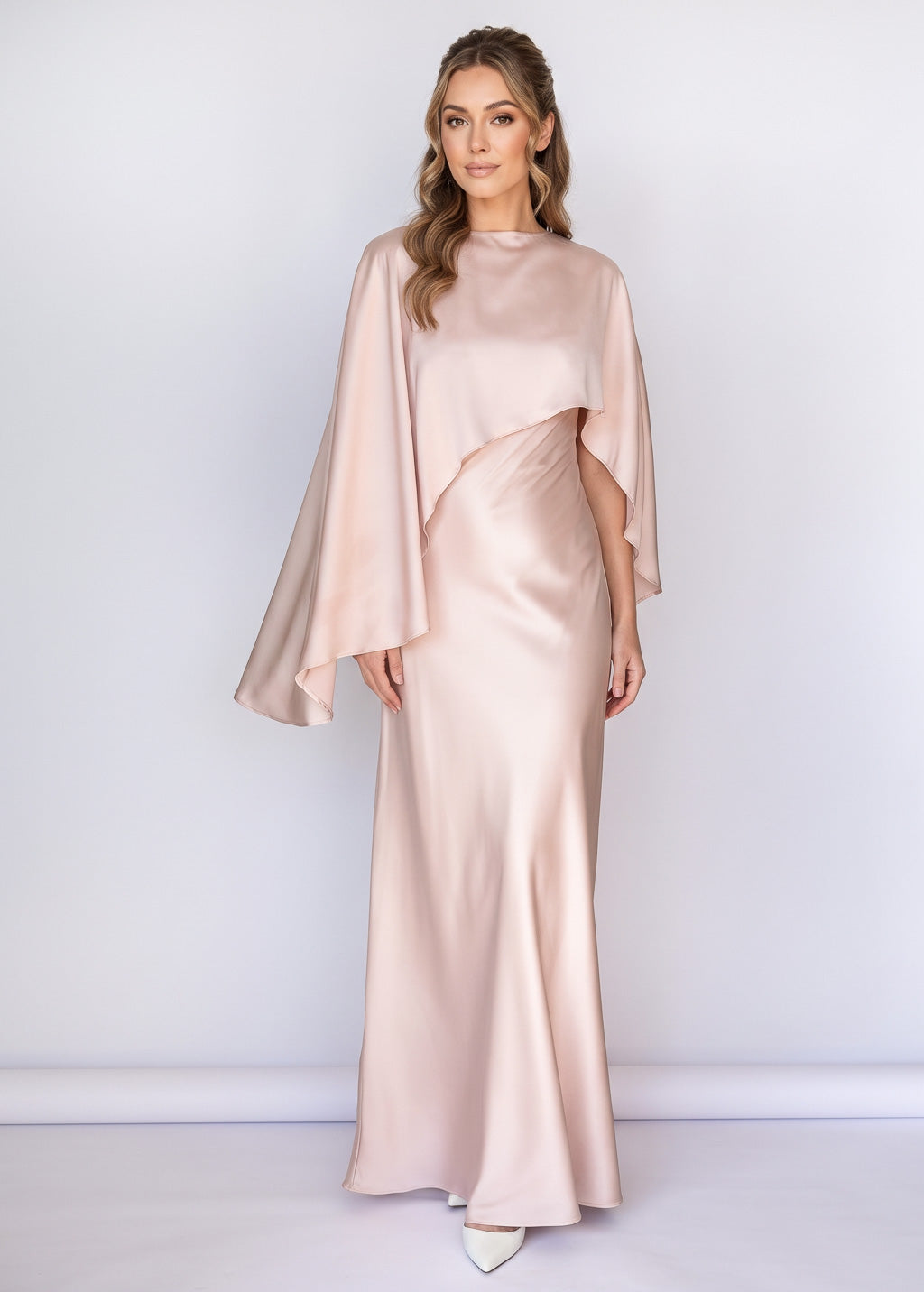 Light Champagne Silk Dress & Detachable Cape