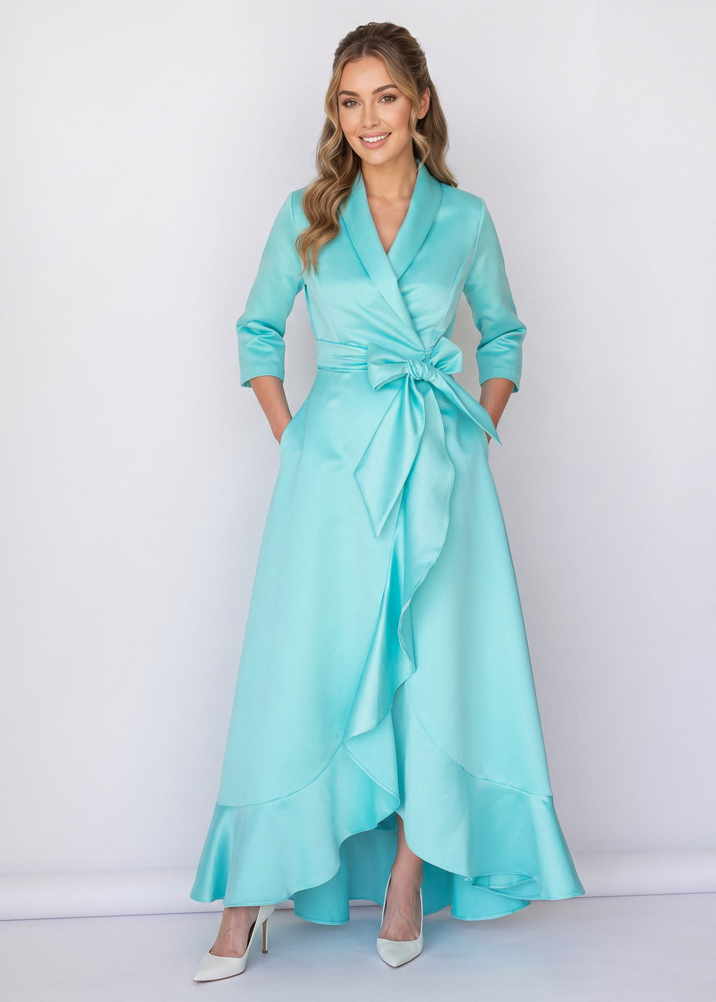 Light Mint Satin Wrap Long Ruffle Dress