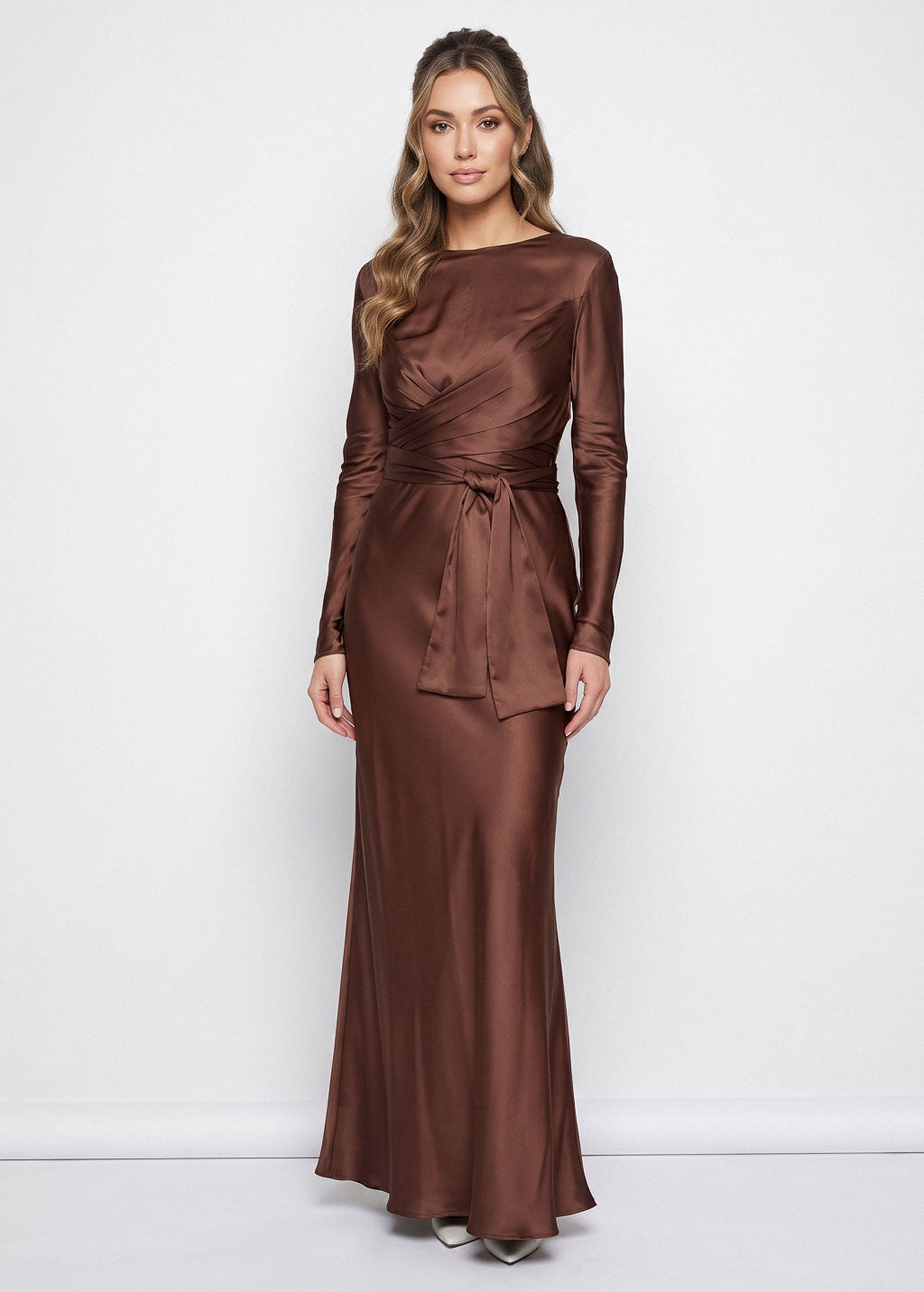 Chocolate Brown Versatile Belt Silk Long Dress