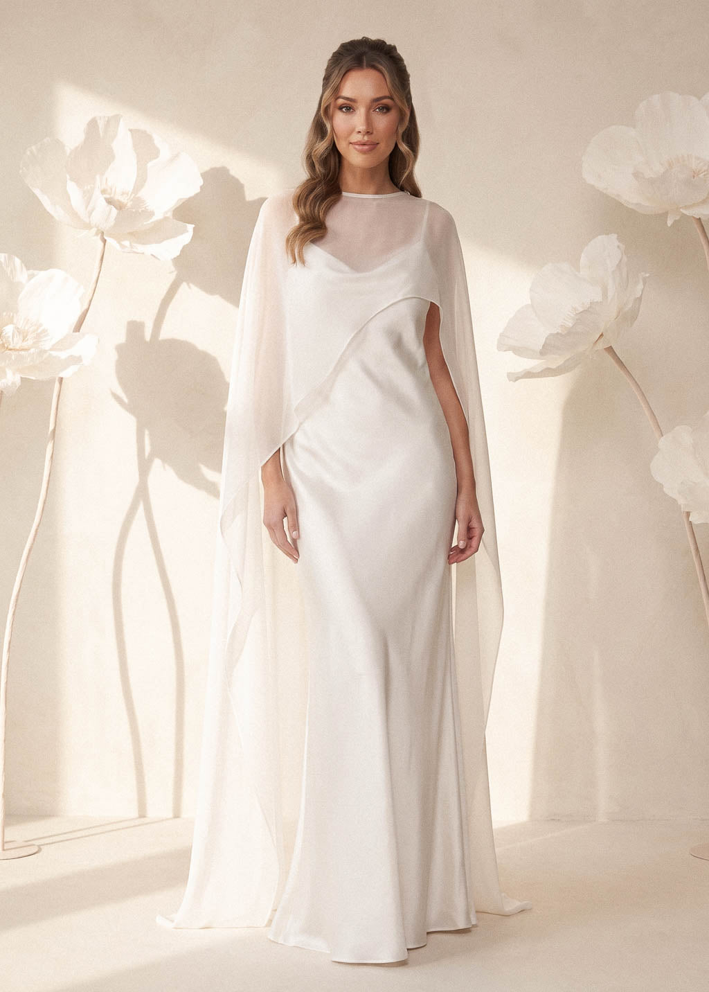 Ivory Bias Cut Silk Satin Maxi Dress with Chiffon Cape