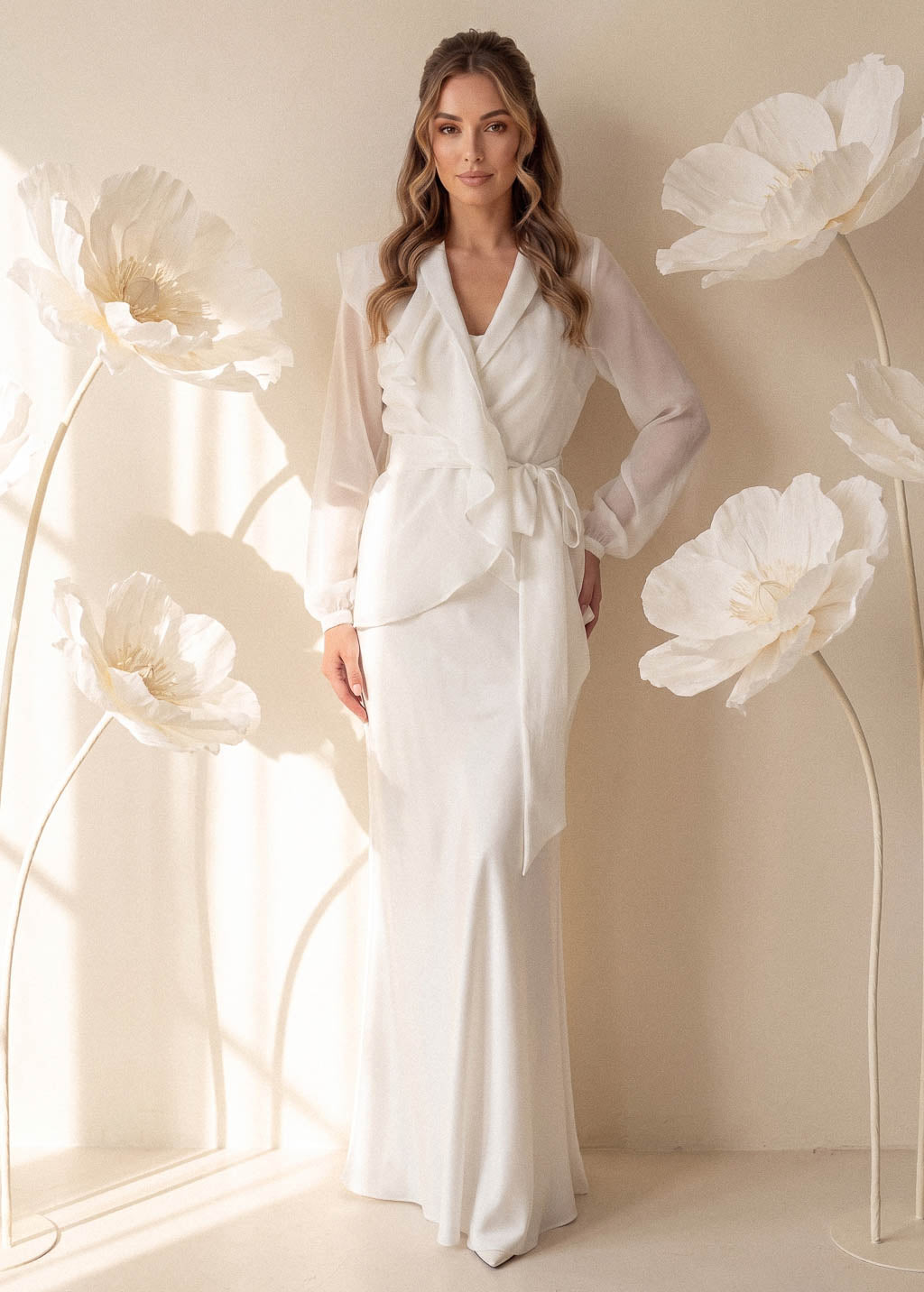 Ivory Bias Cut Silk Satin Maxi Dress with Chiffon Blouse